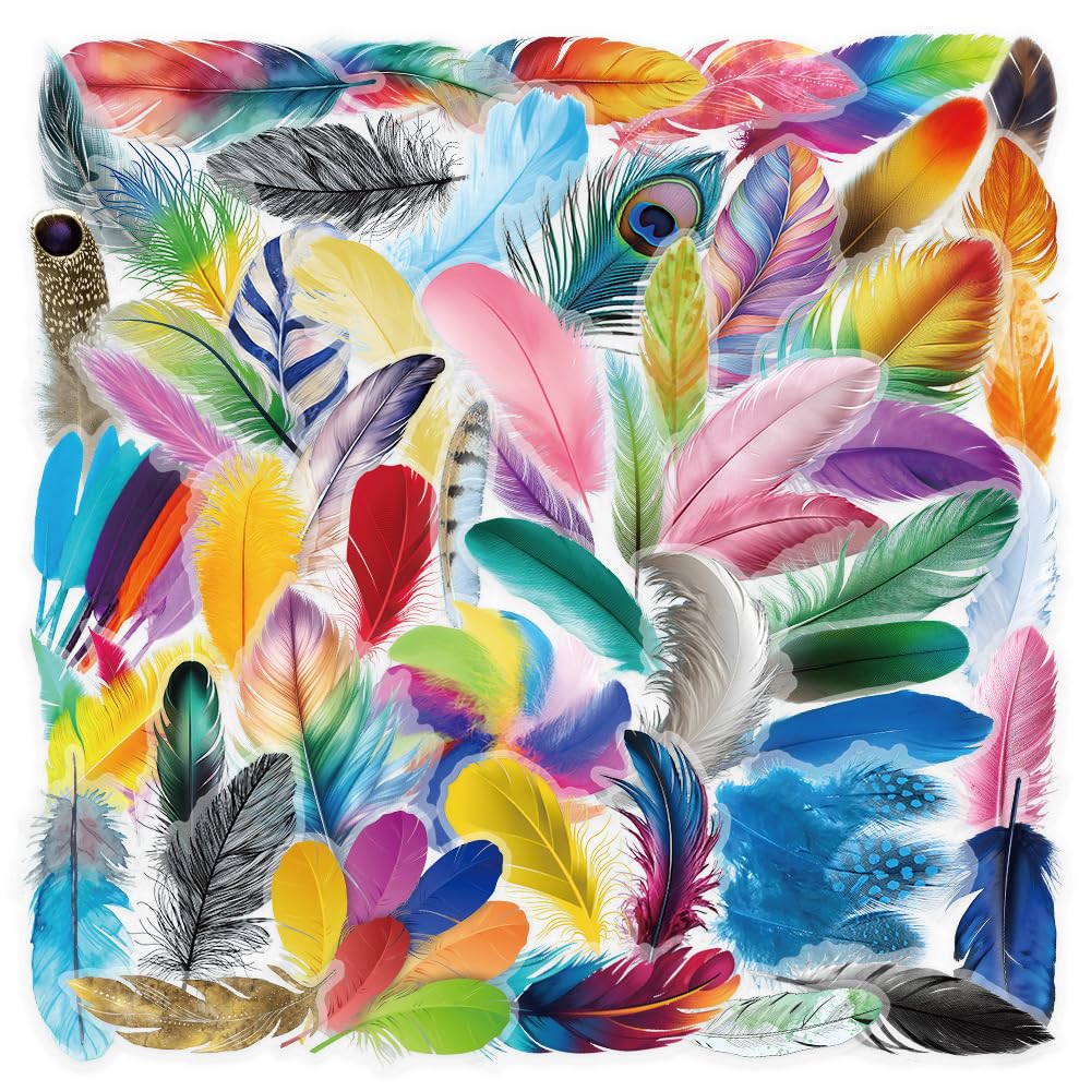 50Pcs Colorful Feather Stickers Vibrant Aesthetic Vinyl Decals for Laptops Skateboards Luggage Helmets Bikes and Phones Fans Lovers and Nature Vibe Enthusiasts