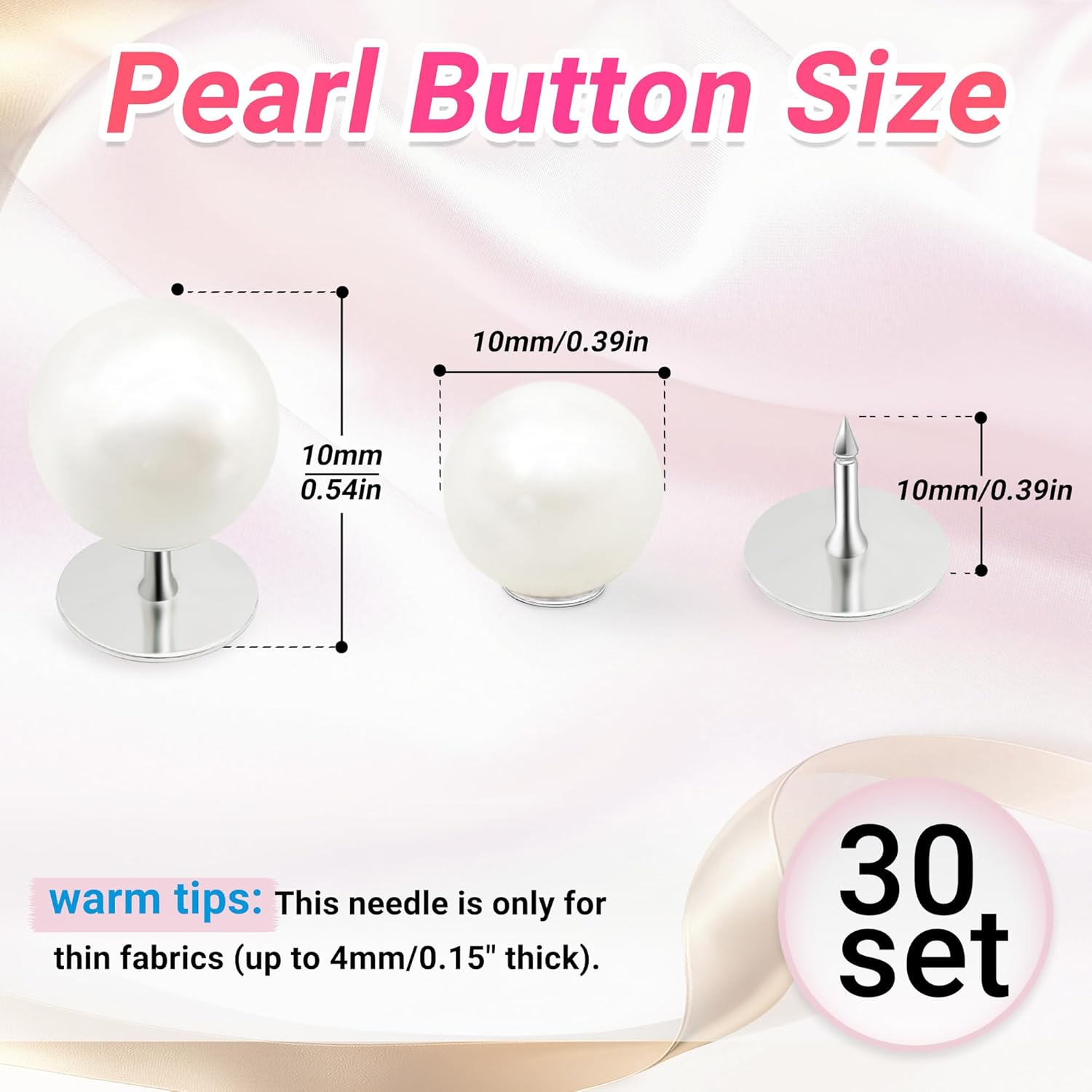 30 Sets Pearl Buttons No Sew Buttons for Clothes, 10mm Pearl Brooch Pins Reusable for Women, White Safety Pins for Dresses, Shirts, DIY Crafts, Fashion Decorative Accessories - Image 2