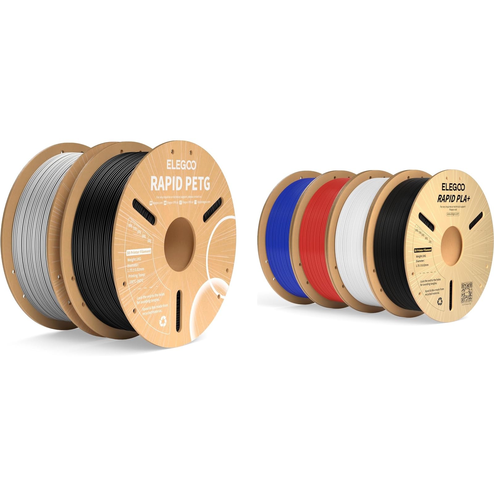 ELEGOO Rapid PETG Filament Schwarz/Grau 2KG & PLA+ Filament 4Farben 4KG