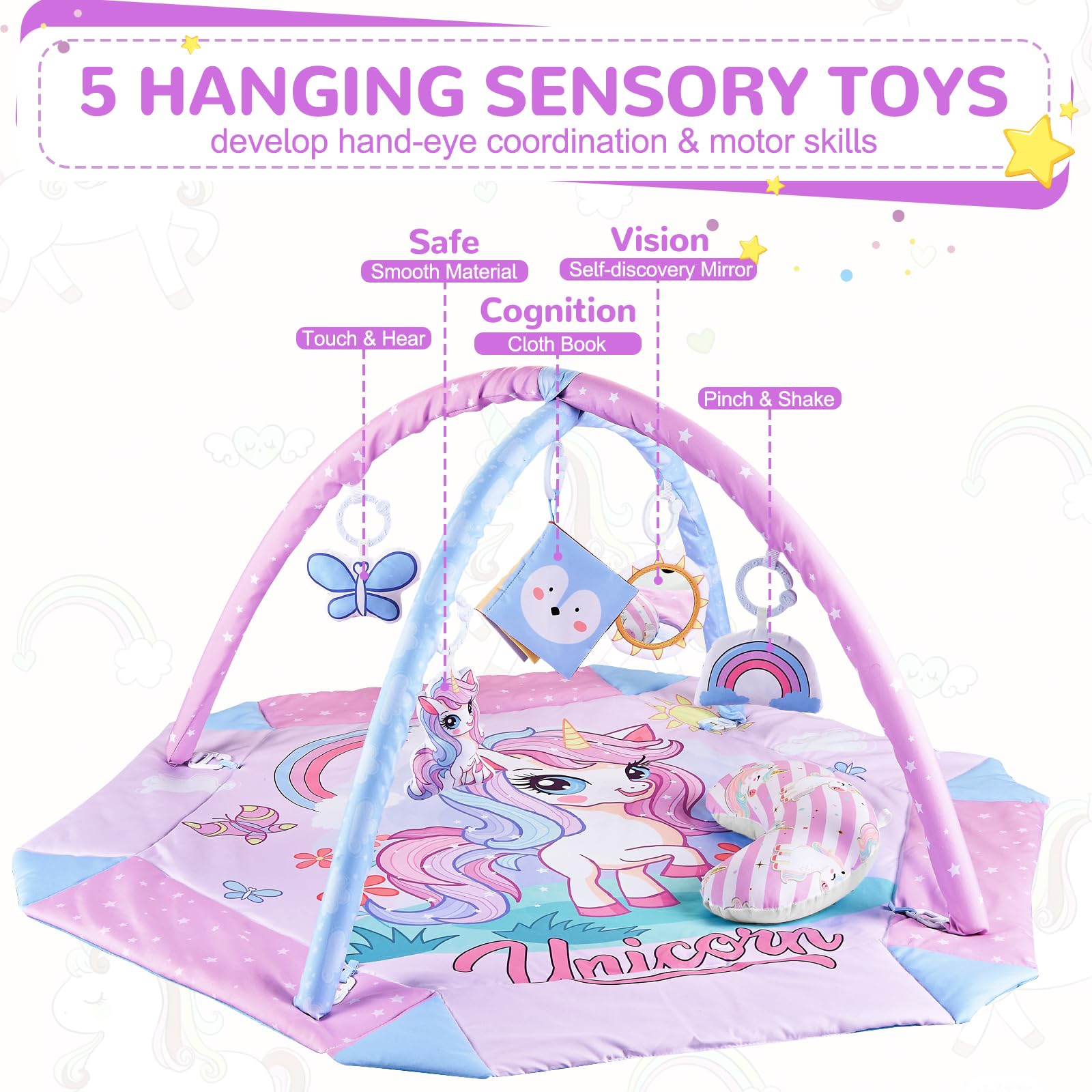 Gimnasio Bebe Unicornio 4 en 1, Manta Actividades Bebe con 5 Juguetes Colgantes y Almohada, Alfombra Juegos Acolchada Plegable, Alfombra Sensorial para Recién Nacidos, 3-24 Meses