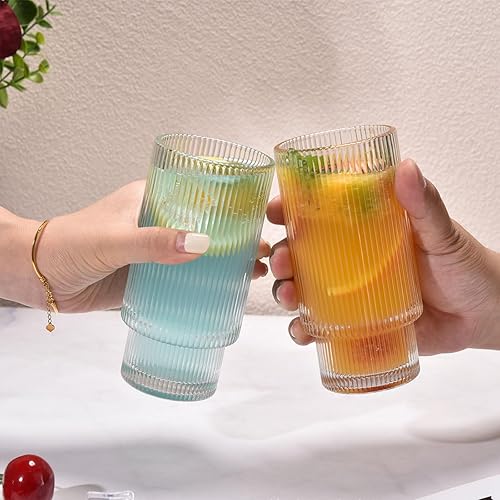 Miniatura 5 de XKXKKE Juego de 6 vasos de bebida acanalados de 12 onzas, cristalería transparente vintage para café helado, vasos altos para cola de coocktail,