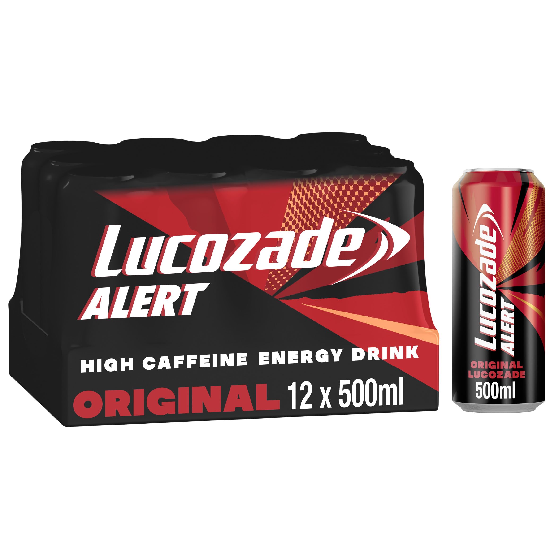 Lucozade Alert Original 12x500ml- can ; High Caffeine Energy Drink ;Great Taste; Contains vitamin B3 to help reduce tiredness ;Fully recyclable