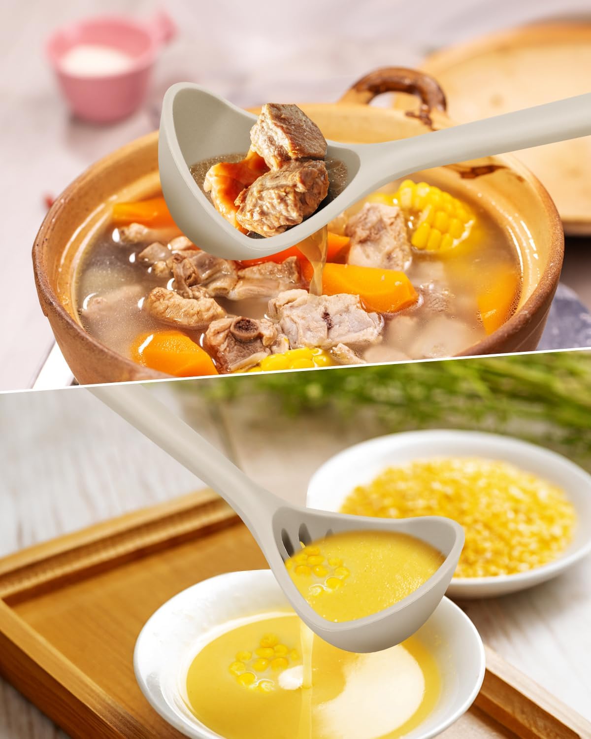 Badiano Large Silicone Ladle Spoon for Soup, Wooden Handle,13", Khaki