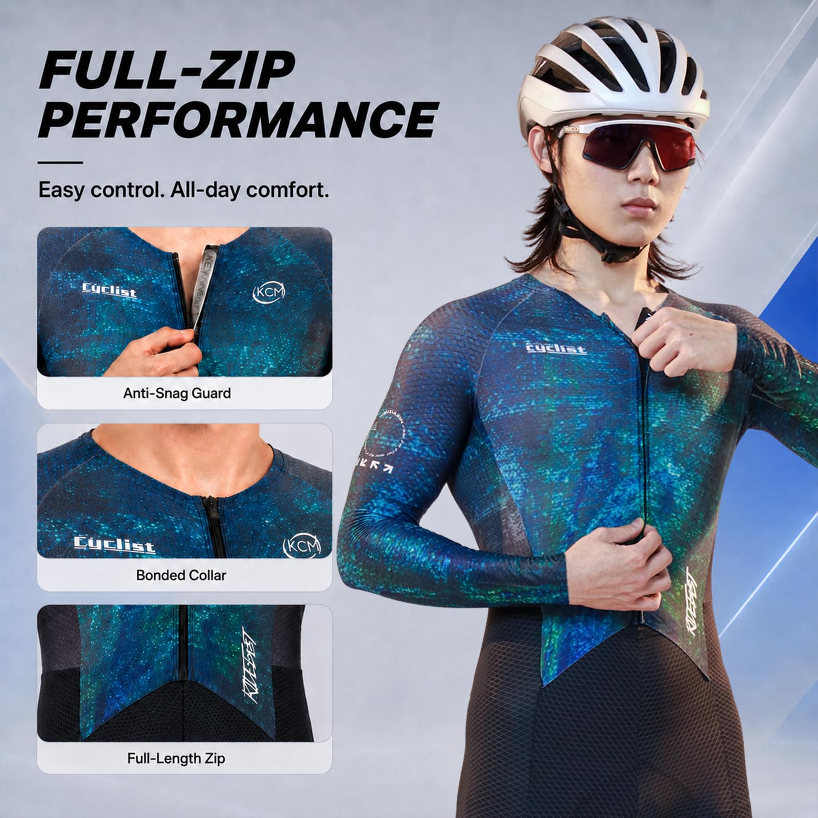 Herren Rennrad-Einteiler Langarm | Aero-Skinsuit, hochdichtes Sitzpolster, atmungsaktiv, schnelltrocknend, UPF 50+ & 3 Rückentaschen – für Rennrad & Triathlon
