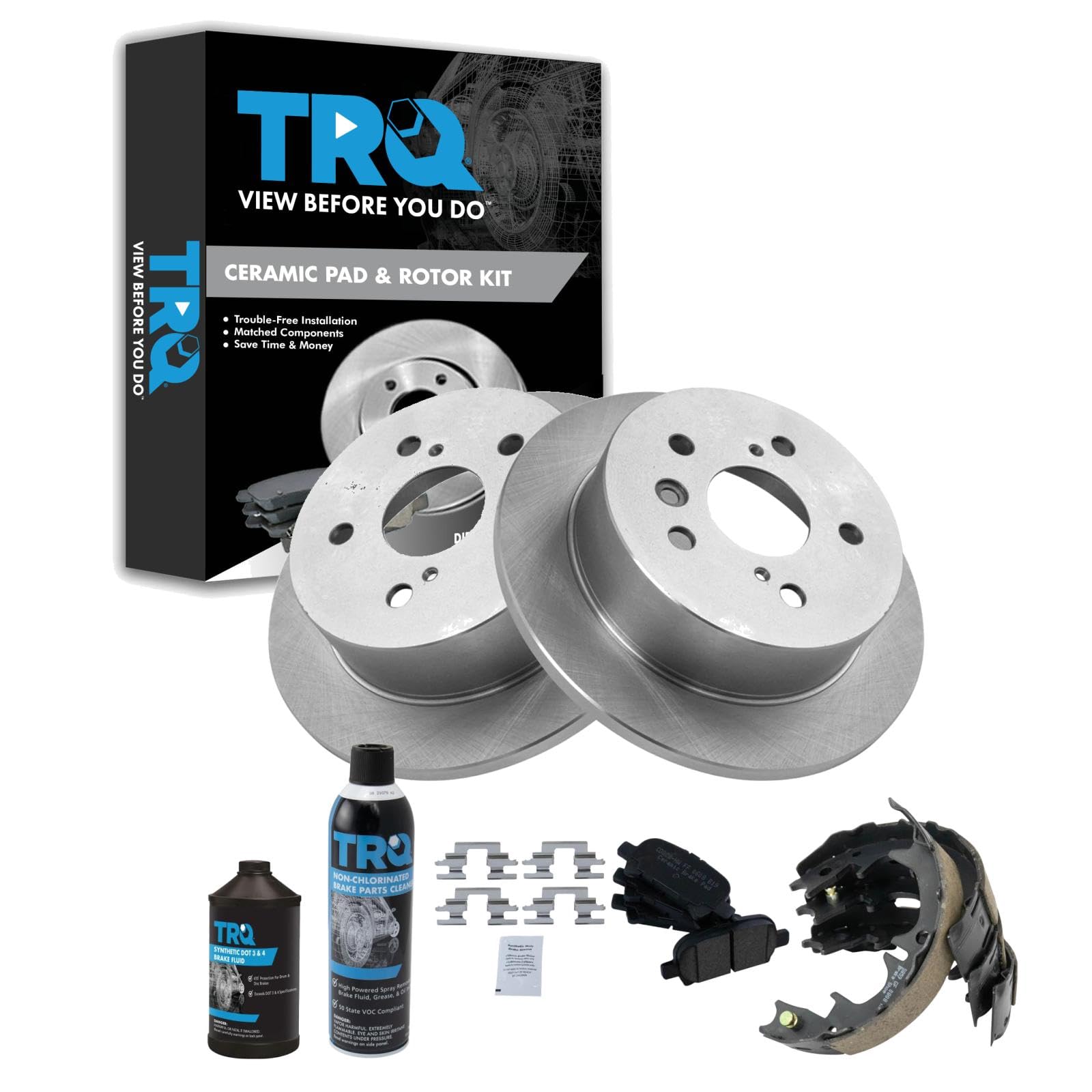 TRQ Rear Brake Pad &amp; Rotor Kit, with Chemical Kit Parking Brake Shoe Set Ceramic Compatible with 2005-2007 Toyota Avalon 2002-2006 Camry 2004-2008 Solara
