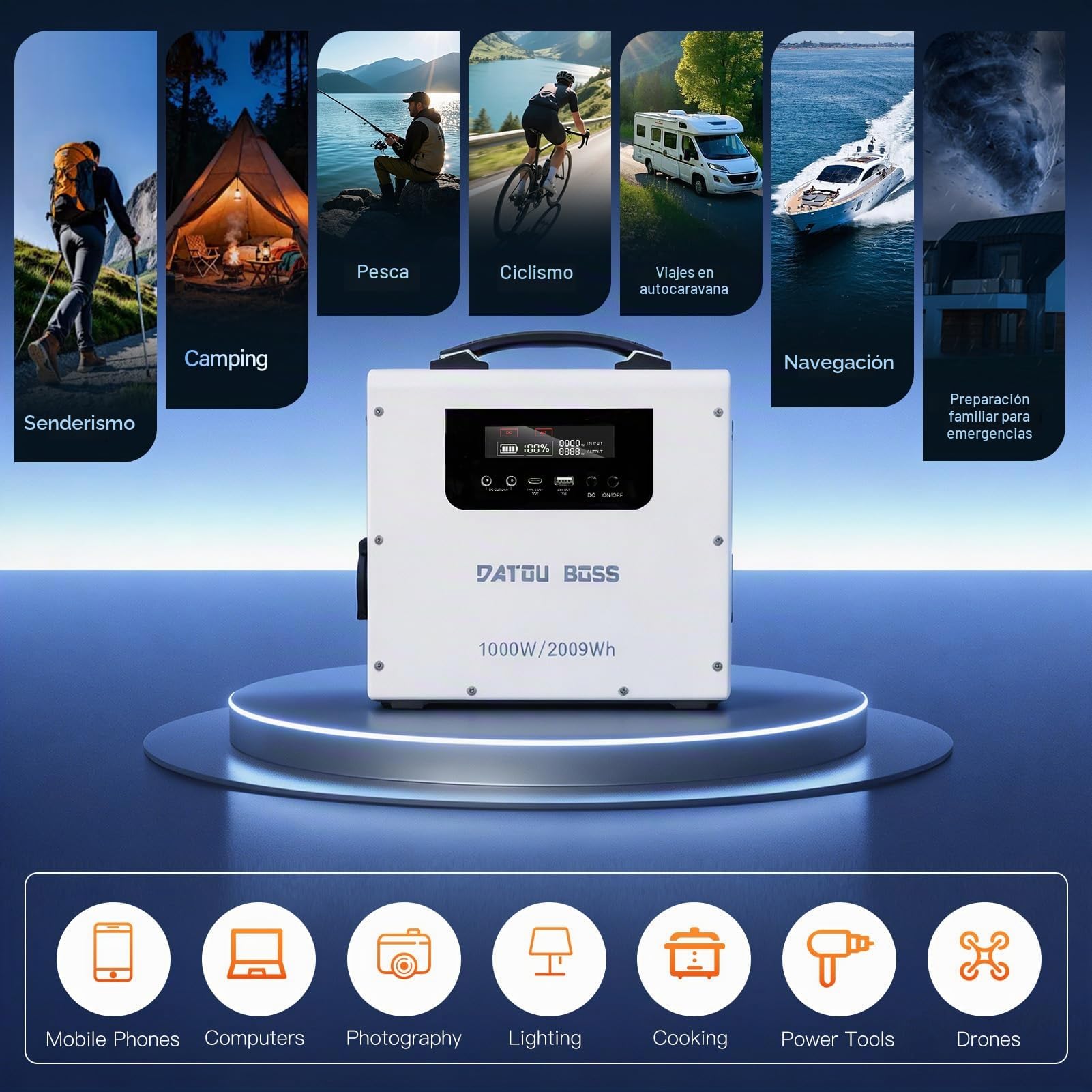 DATOUBOSS Estación de energía portátil de 1000W 2009Wh con batería LiFePO4, salida de 230V CA, generador solar con función UPS, fuente de alimentación de emergencia para camping, hogar y exterior
