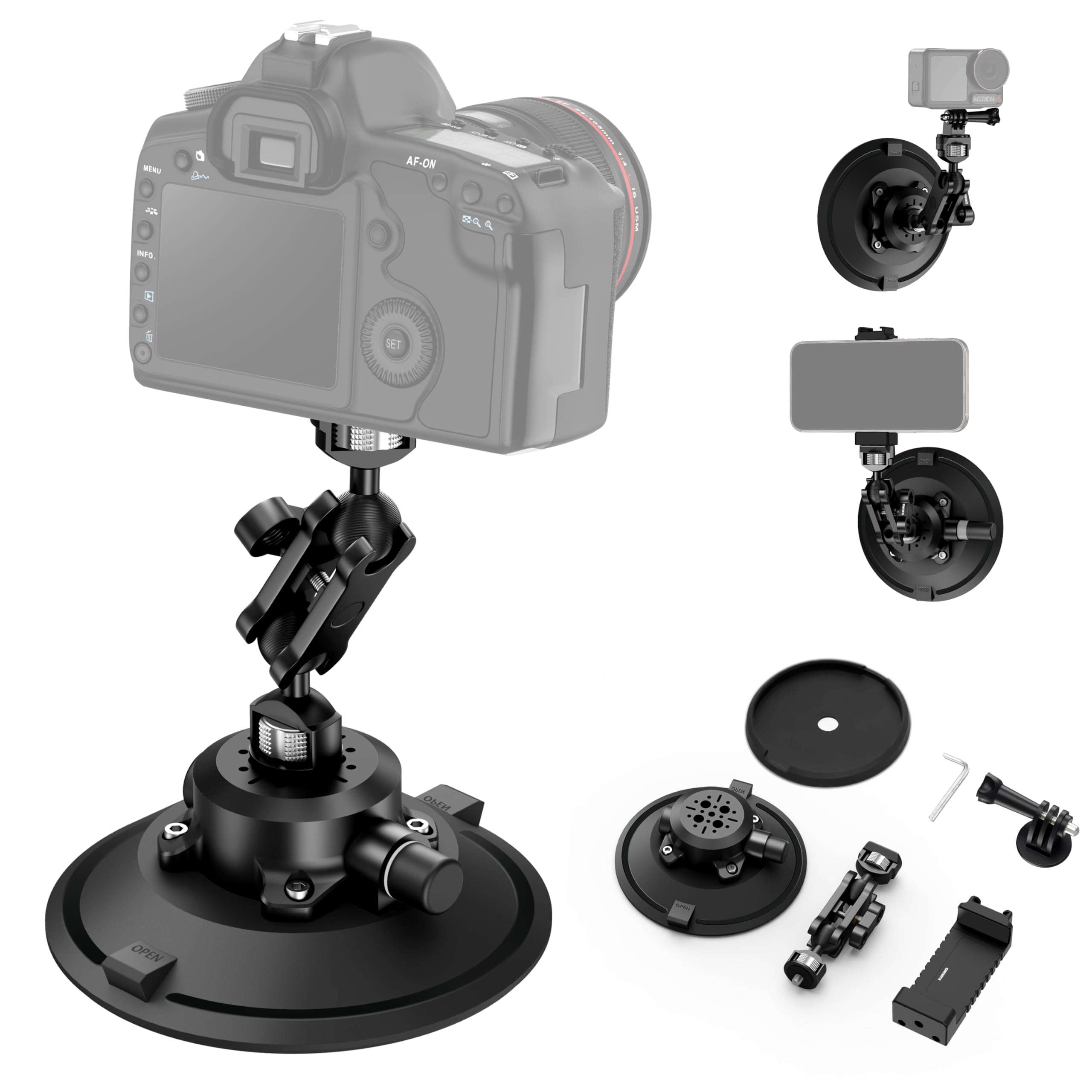 Supporto a ventosa per fotocamera da 15,2 cm con braccio magico a testa sferica, montaggio a ventosa in metallo a sgancio rapido, supporto per parabrezza auto, supporto per action camera