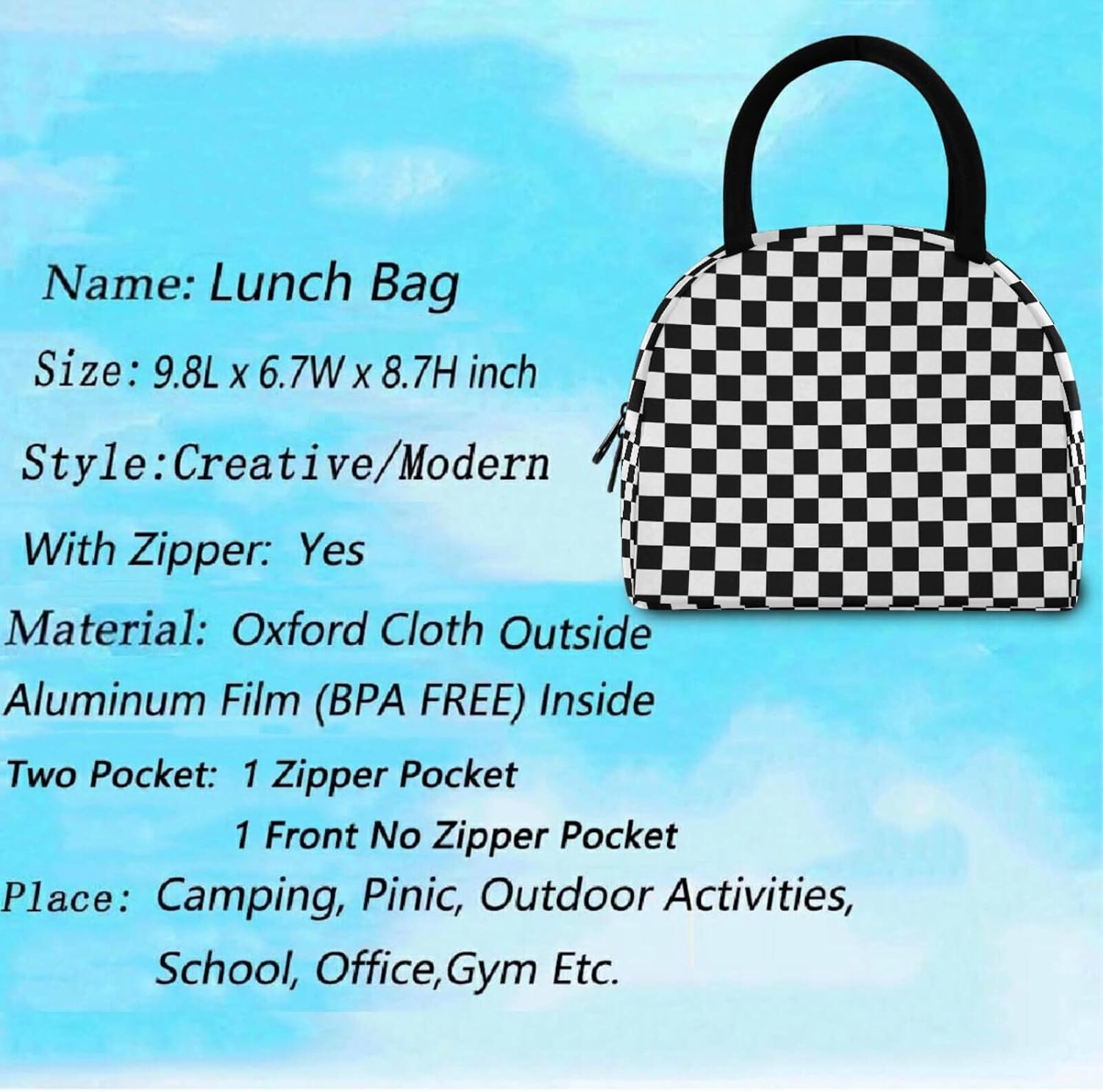 Chic Racing Flag Checks Black White Large Insulated Cooler Lunch Tote Bag image 3