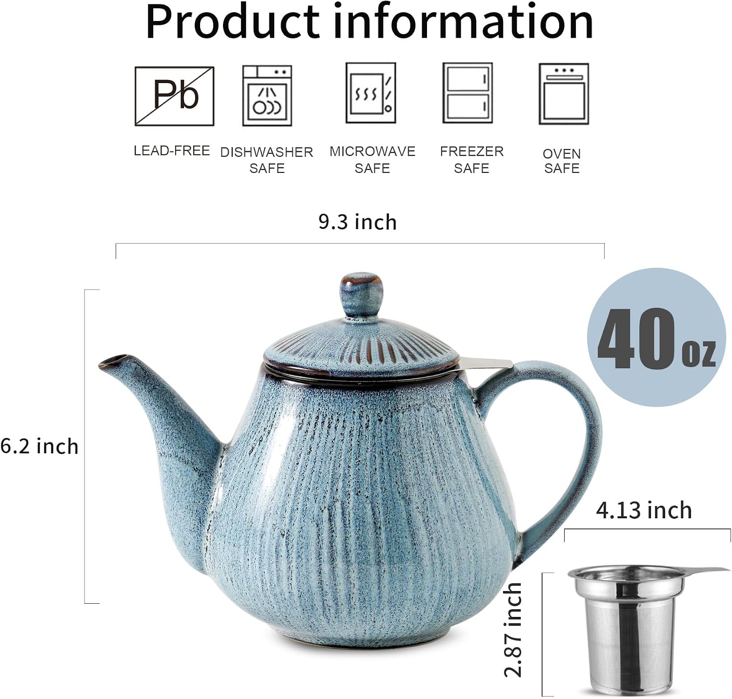 HVH 40 oz Porcelain Teapot with Stainless Steel Infuser, Ceramic Tea pot with Infuser for Loose Tea, Enough For 6 Cups, Striped Series (Wabi sabi)