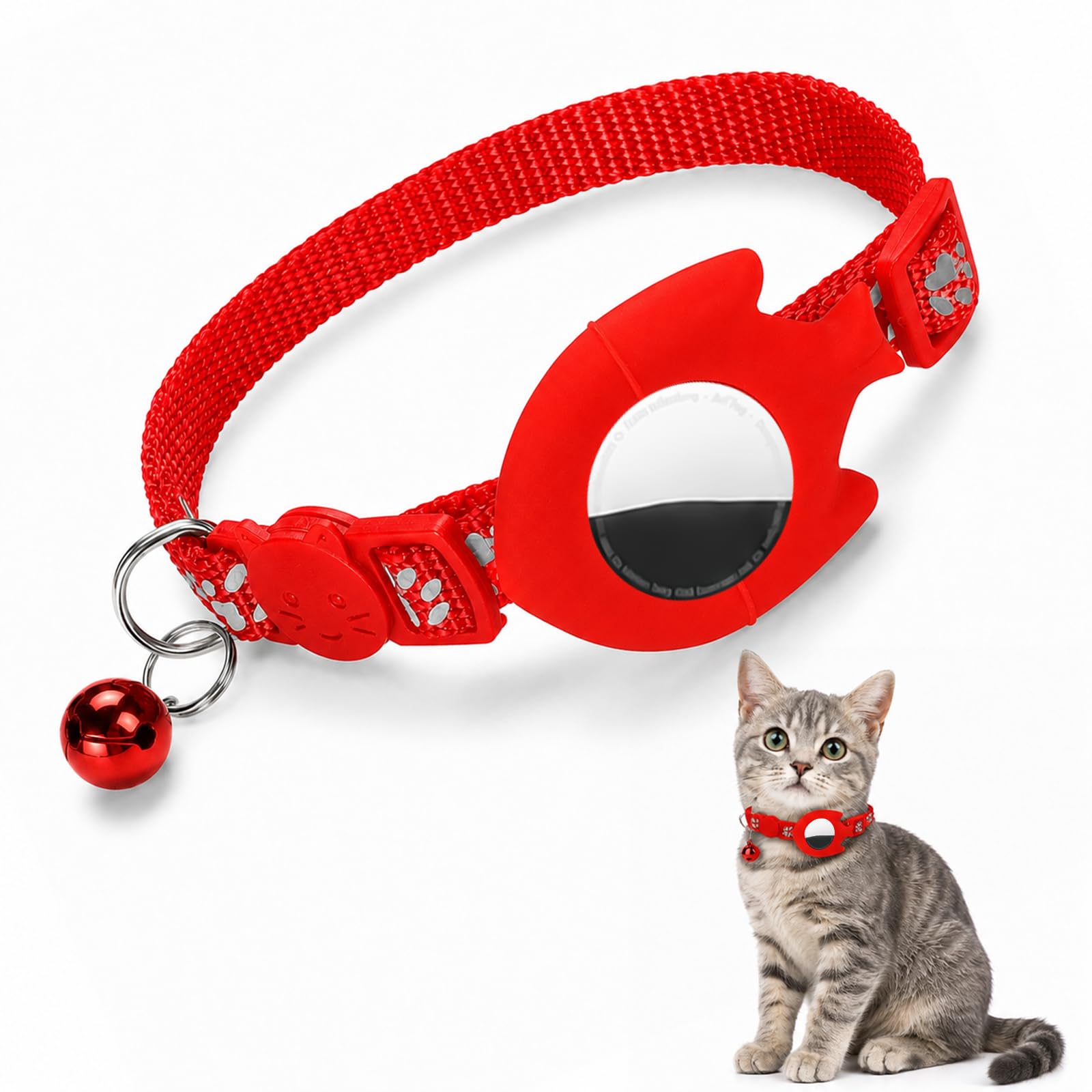 Red Reflective Breakaway AirTag Cat Collar with Cute Fish Silicone AirTag Holder and Bell, Adjustable Lightweight Kitten Tracker Collar, Quick Release Safety Buckle Pet Accessory for Boy Girl Cats
