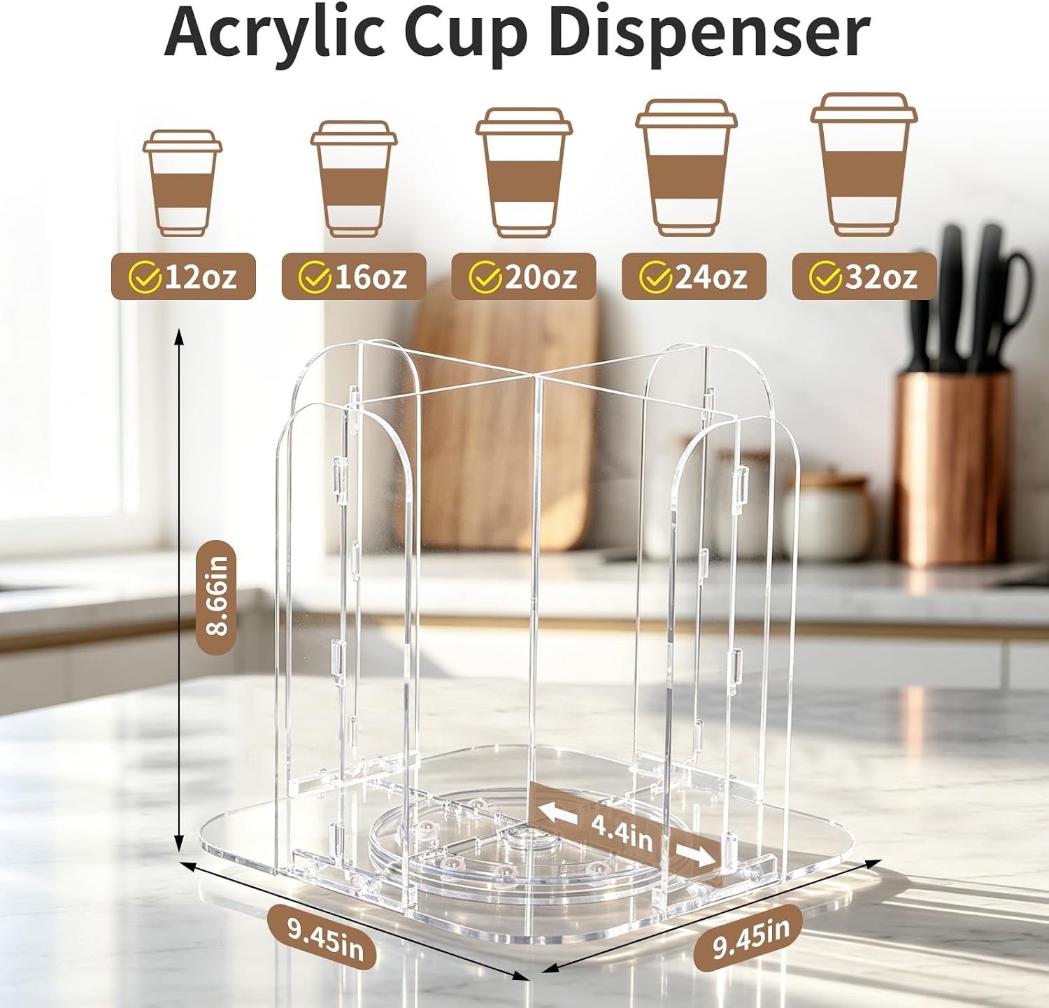 Large Coffee Bar Organizer, 360° Rotating 4 Compartments Acrylic Cup Holder
