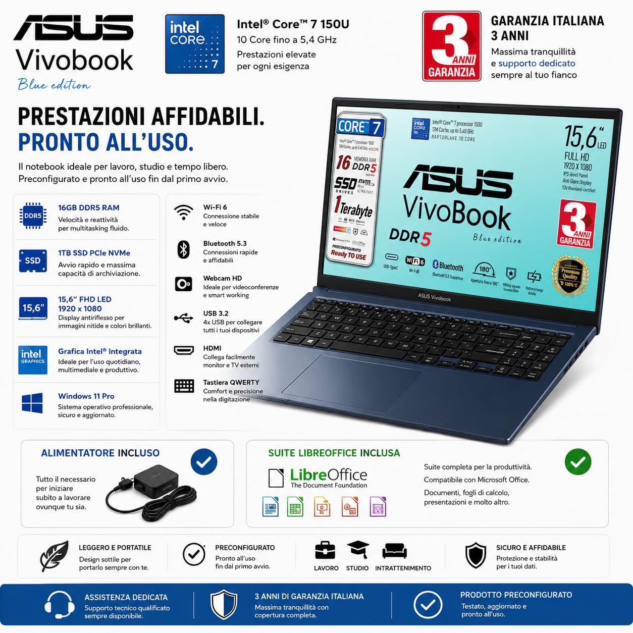 ASUS Notebok Vivobook, Intel Core 7 150u 10Core, DDR5 Ram 16Gb, SSD Pci Nvme da 1 Tb, WI-FI 6, Webcam, Usb3.2, Hdmi, Bt5.3, tastiera qwerty, Garanzia 3 anni, Blue Edition, Preconfigurato