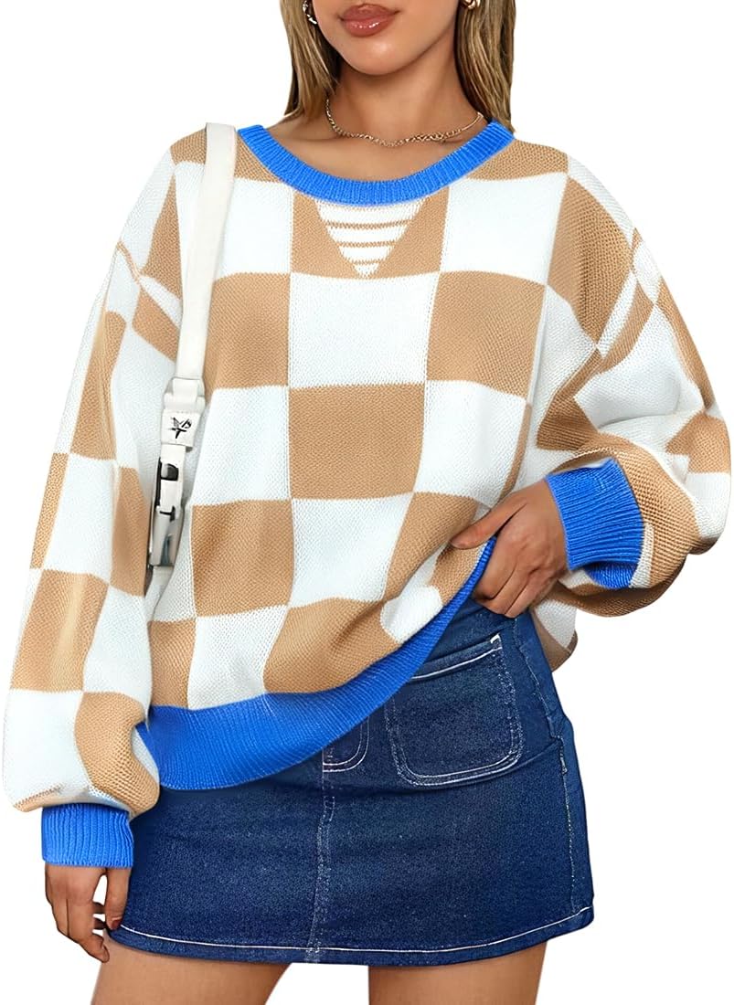Women Sweater Oversized Fall Clothes - Long Sleeve Crew Neck Colorblock Sweaters Tops, Trendy Lightweight Loose Fit Outfit