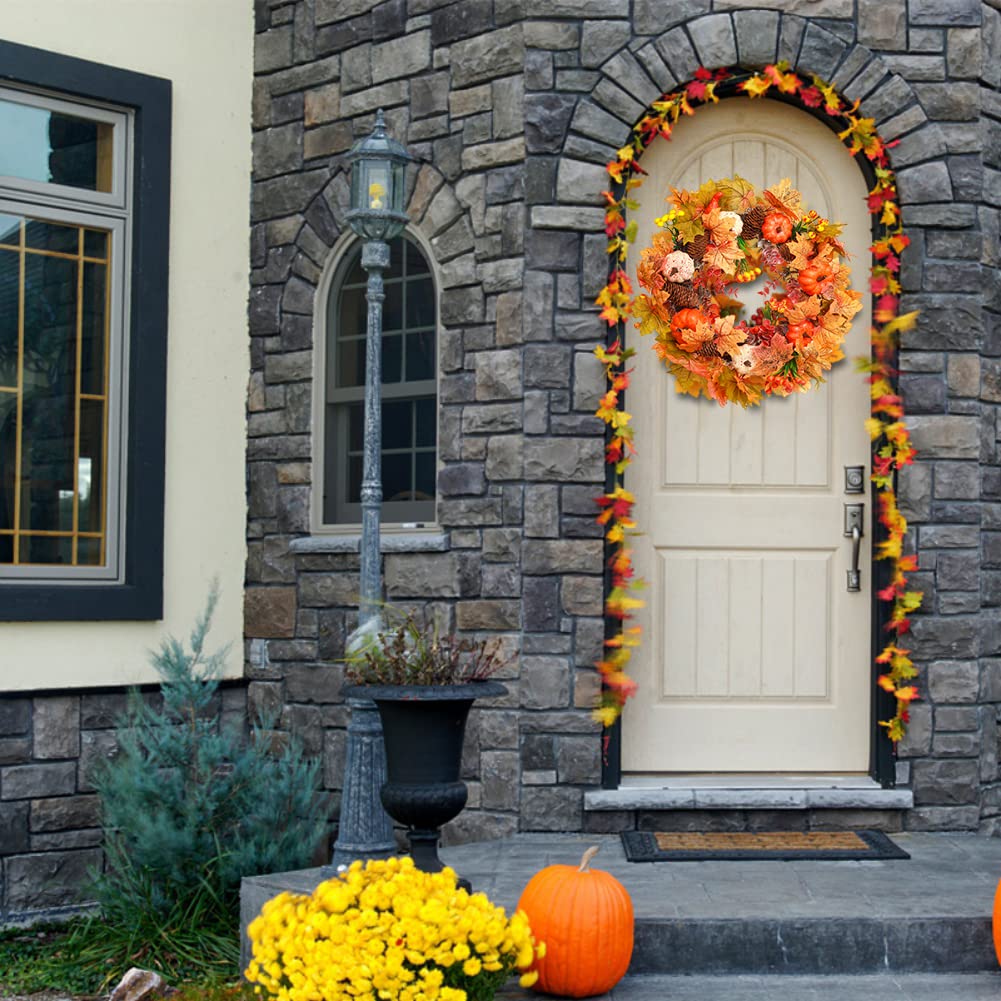 Consevisen Ghirlanda Autunnale Per Porta D'Ingresso 55.9 Cm - Con Foglie Di Quercia, Foglie Cadute E Mini Zucche, Per Ringraziamento E Halloween