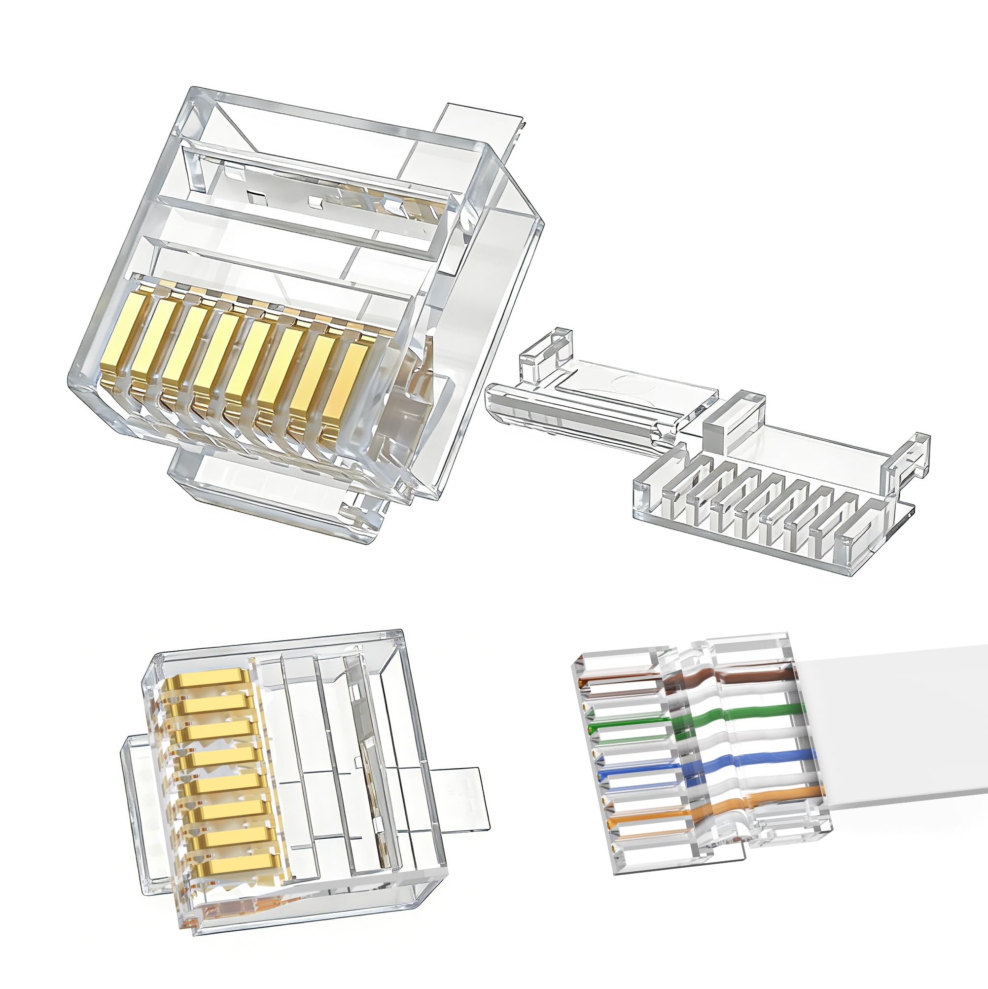 Jadaol Confezione da 50 connettori RJ45 Cat6 (estremità Cat6/spine modulari RJ45/spine Ethernet/connettore di rete) per cavo piatto 30/32AWG, 8P8C con barra di carico, cablaggio T568B, placcato oro