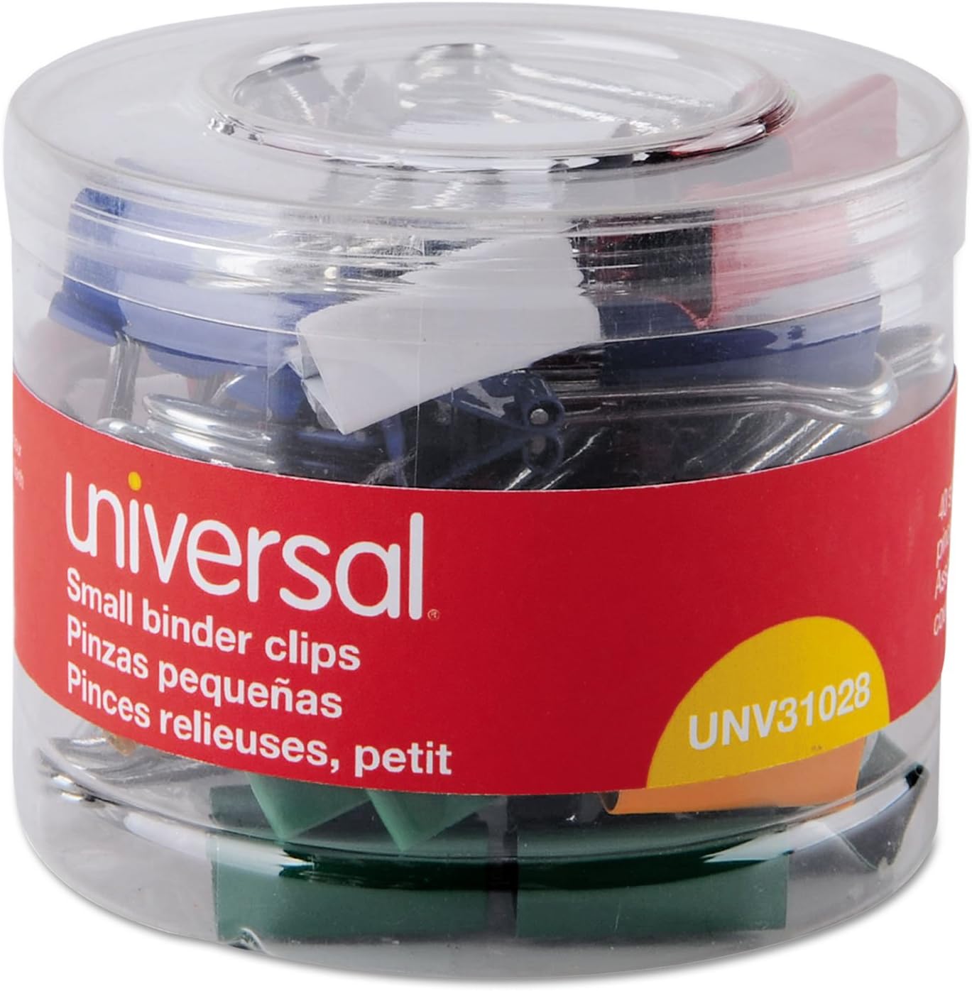 Universal UNV31028 Binder Clips with Storage Tub - Small, Assorted (40/Pack)
