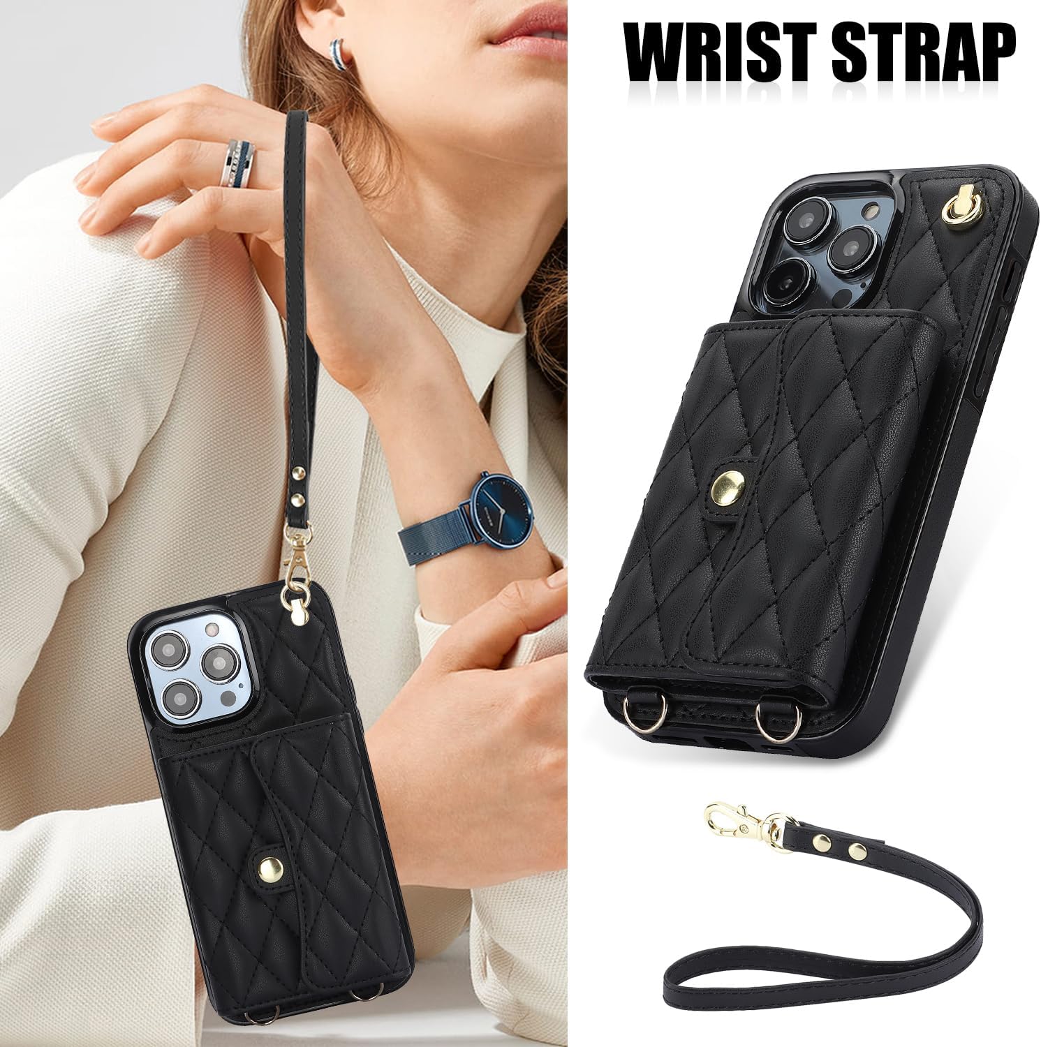 for iPhone 15 Pro Case 6.1 Inch, Crossbody Purse Wristlet Shoulder Strap Trendy Protective Cover for iPhone 15 Pro -Black