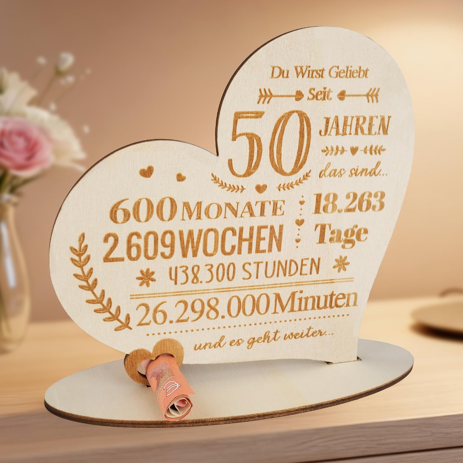 ARTREE Geldgeschenk 50. Geburtstag, Goldene Hochzeit Holz Herz mit Zeitangaben – Tischdeko & Geldgeschenk in einem, Jubiläum Geschenk