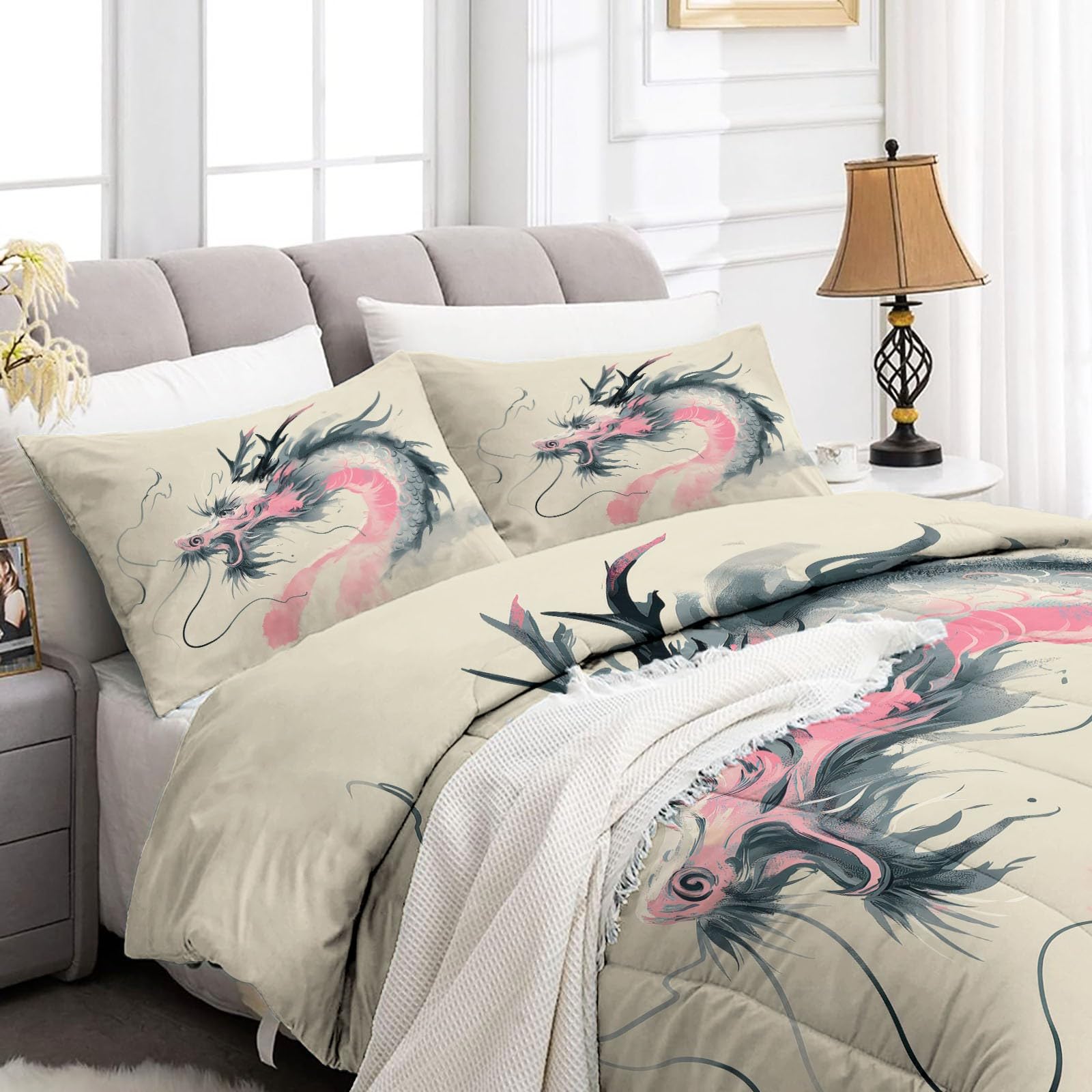 Trapunta stampata 140 x 200 cm Drago cinese reversibile Trapunta Pittura Cinese 4 Stagioni - Beige Trapunte Trapuntate per Letto Matrimoniale 2 Persone, Edredon Trapunte senza Houss e 2 federe 65 x 65