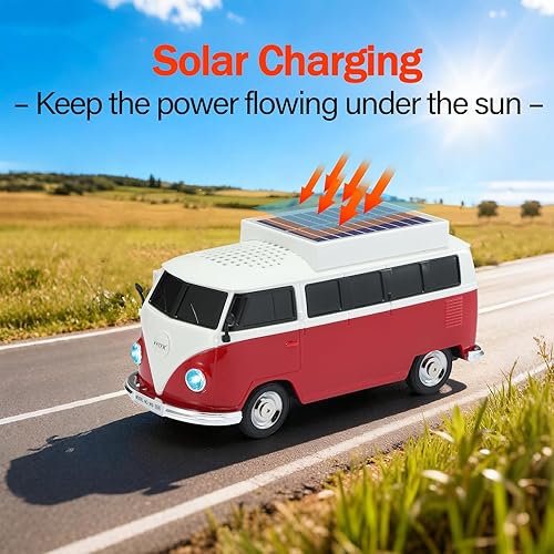 Miniatura 4 de Altavoz solar portátil Bluetooth para automóvil, diseño retro de autobús con sonido estéreo HD, luces LED de fiesta, ruedas móviles, altavoz