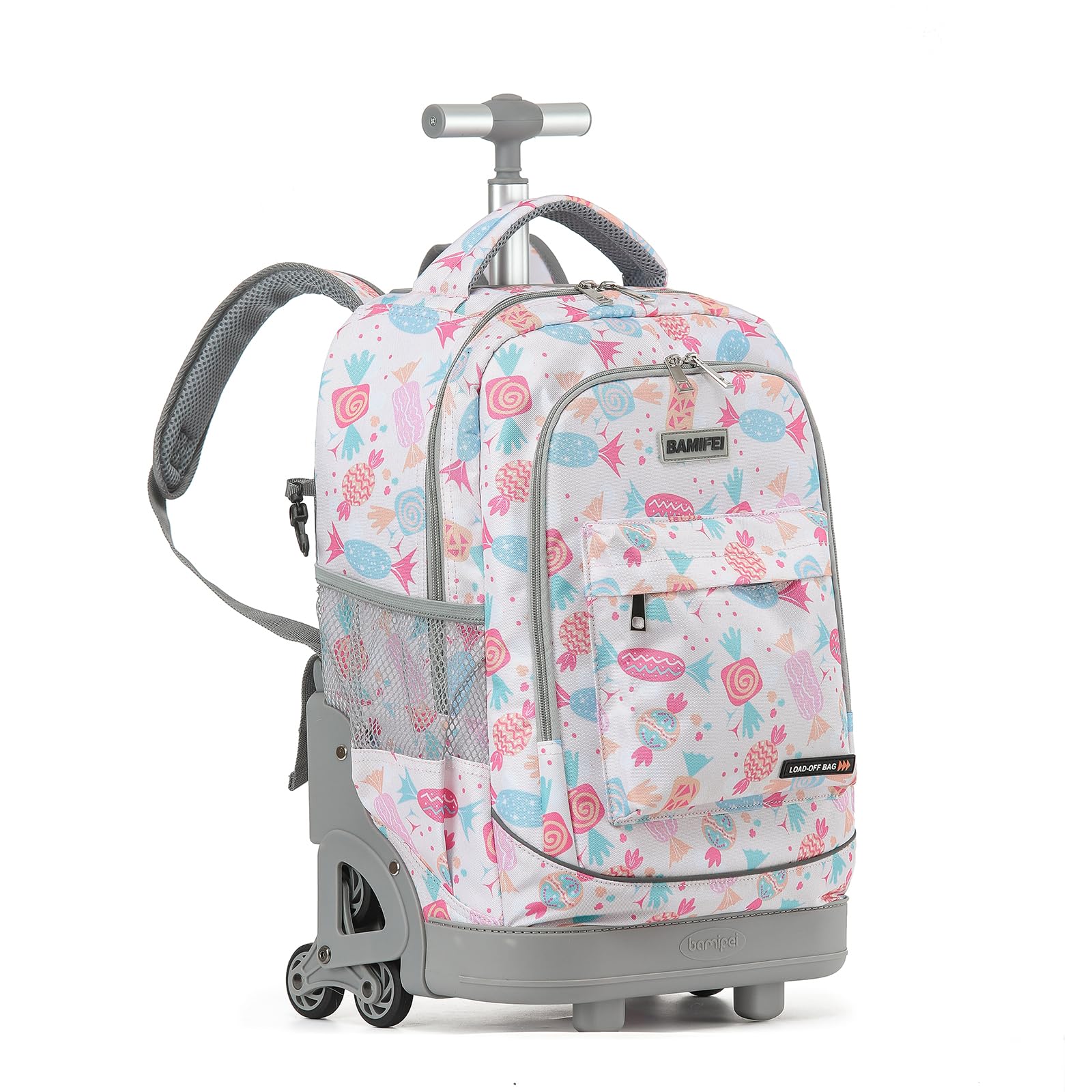 BAMIFEI Roller Backpack for Kids 18" 6 Wheel Bag - Candy | Effortless 6-wheel stair climbing design for school and travel. Smooth, quiet rolling to easily carry heavy books anywhere.