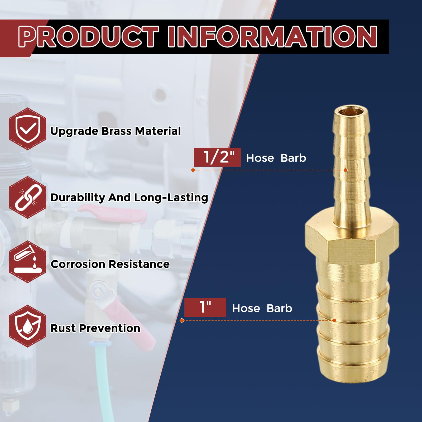 Kozelo Pack of 2 Brass Hose Barbs Fittings 1"(25.5mm) Hose Barbs to 1/2"(15mm) Fittings for Home Machines Massage Bathtubs - Image 2