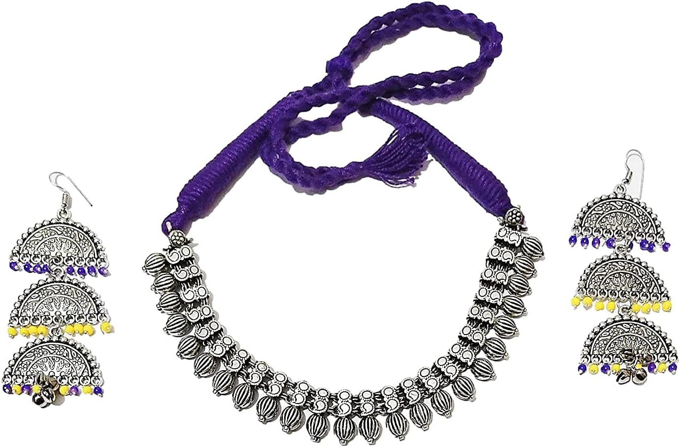 athizay Purple Jewelry Set Antique Oxidized Silver Necklace Set Cocoa Shaped Beads with Large Statement Earrings for Ethnic Choker