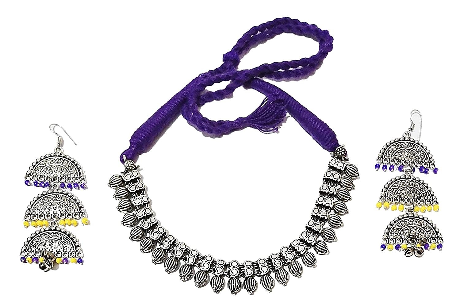 athizay Purple Jewelry Set Antique Oxidized Silver Necklace Set Cocoa Shaped Beads with Large Statement Earrings for Ethnic Choker