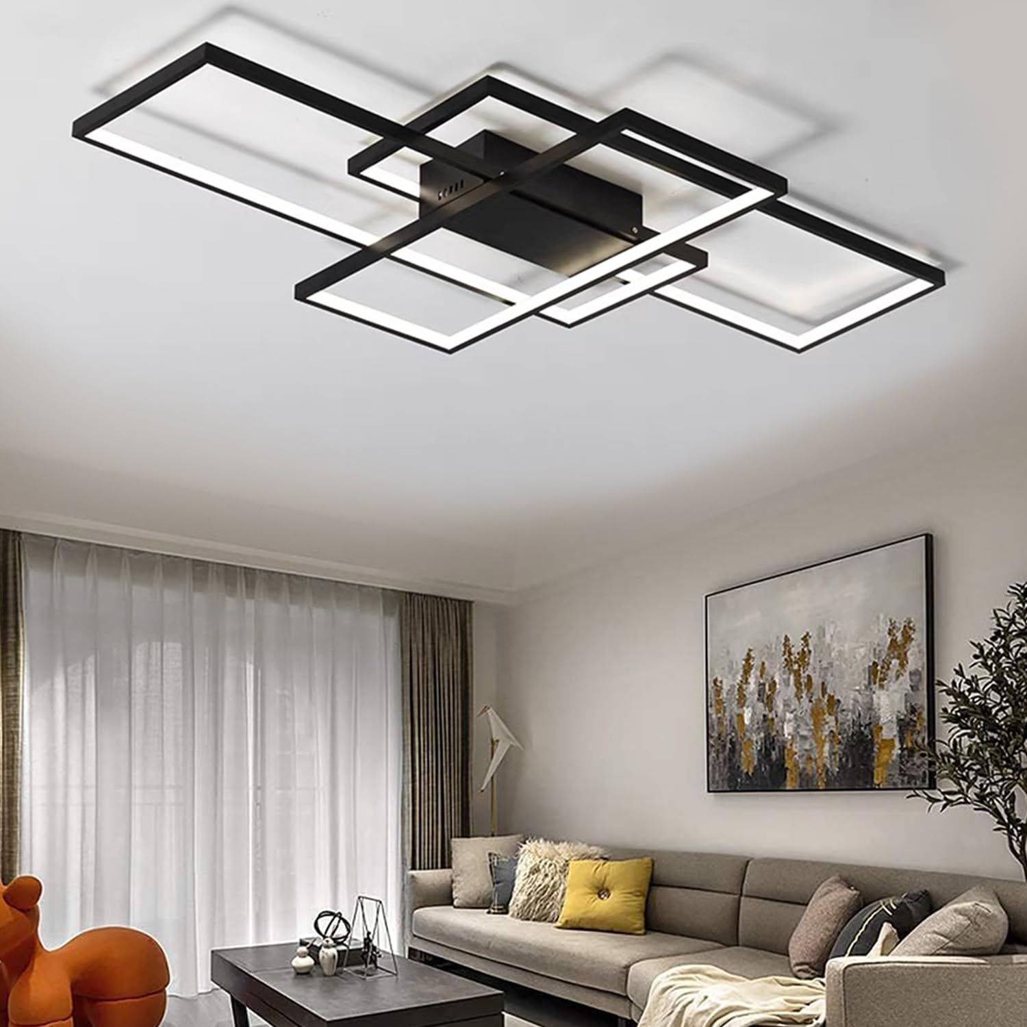 Jaycomey Ceiling Light Dimmable LEDChandelier with Remote Control,Modern 50W 3-Layer Square Ceiling Lamp Acrylic Flush Mount Ceiling Lights Fixtures for Bedroom Dining Living Room Kitchen (black)