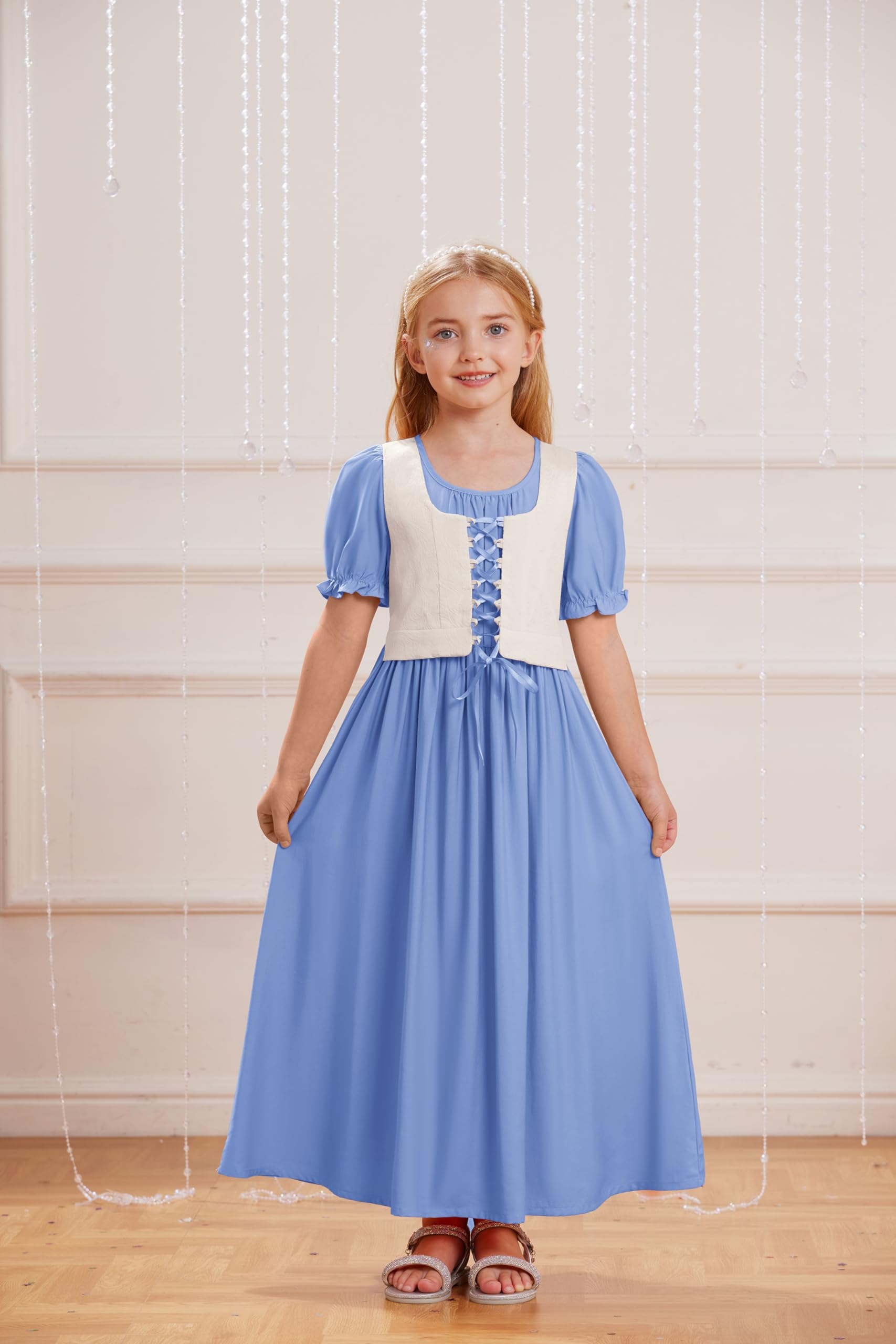 Scarlet Darkness Renaissance-Kleid für Mädchen, kurze Puffärmel, lange Kleider, Blumenmädchenkleid, Größe 7–14