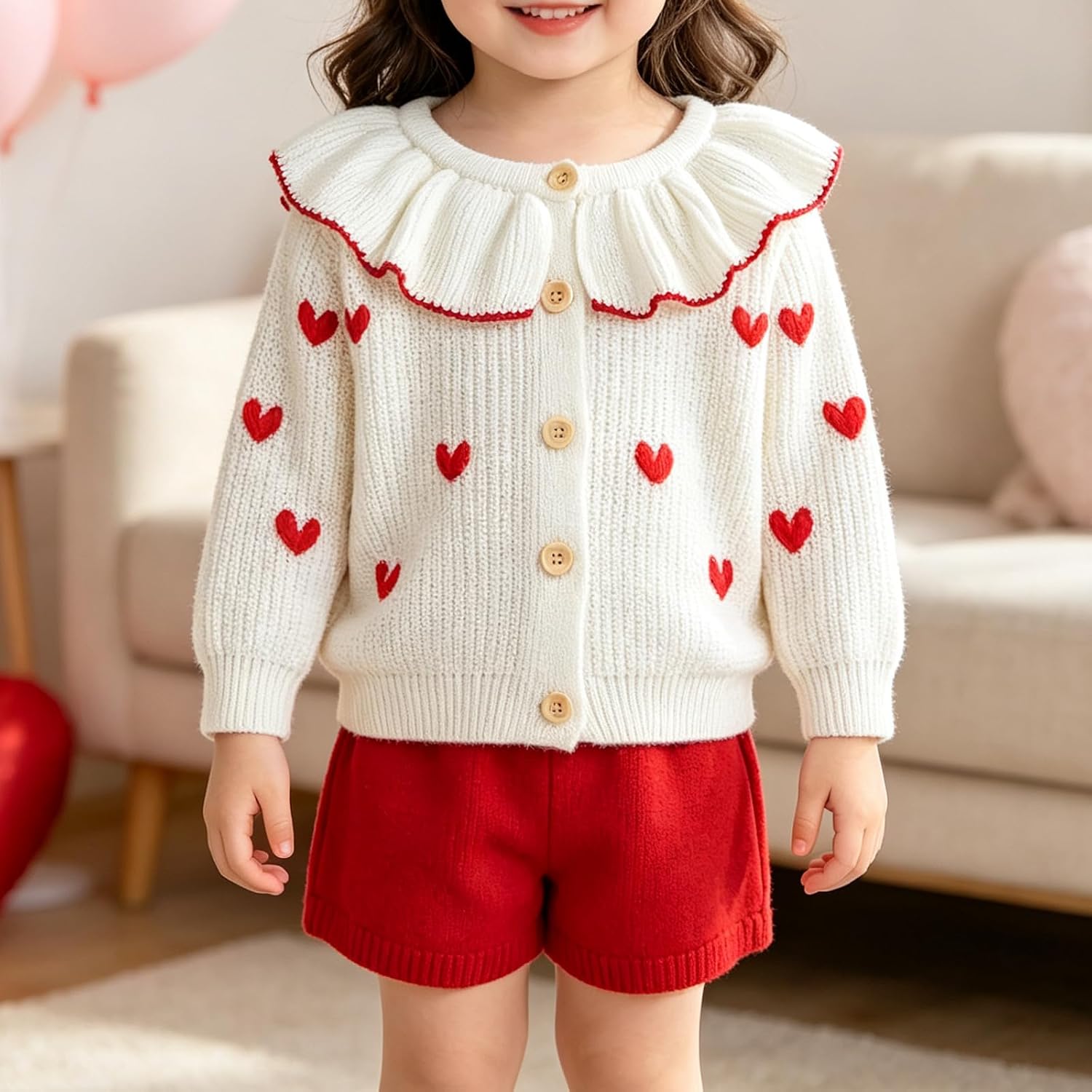 Toddler Girl Valentines Day Outfit Heart Embroidery Knit Cardigan | Cozy Knit Cardigan with Heart Embroidery, Ruffle Collar, and Button-Up Design, Perfect for Valentine's Day and Spring Outings