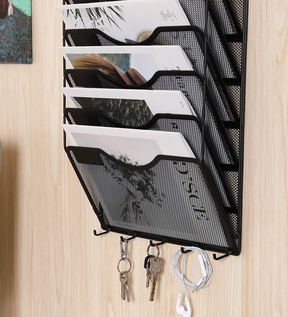 EasyPAG Wall Mount File Organizer 8 Pocket Vertical Hanging File Folders Holder Paper Rack with Key Hooks for Office Home,Black : Office Products