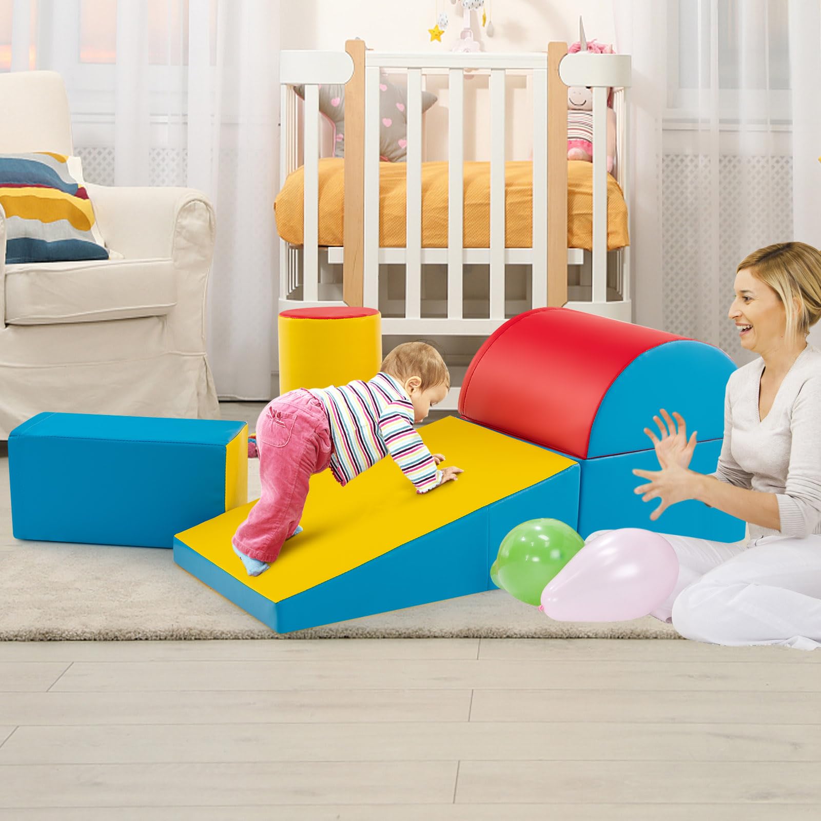 LIFEZEAL Zestaw 5 piankowych klocków do budowania dla dzieci, moduły motoryczne ze zjeżdżalnią, zabawki edukacyjne, wykonane z PU i EPE, do domu, przedszkola (styl 8)