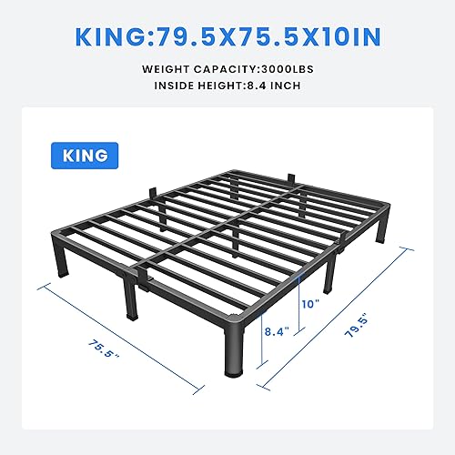 Miniatura 2 de MAF - Base para cama tamaño King de 10 pulgadas, plataforma metálica con patas de esquinas redondeadas, listones de acero resistente de 3000 LBS,