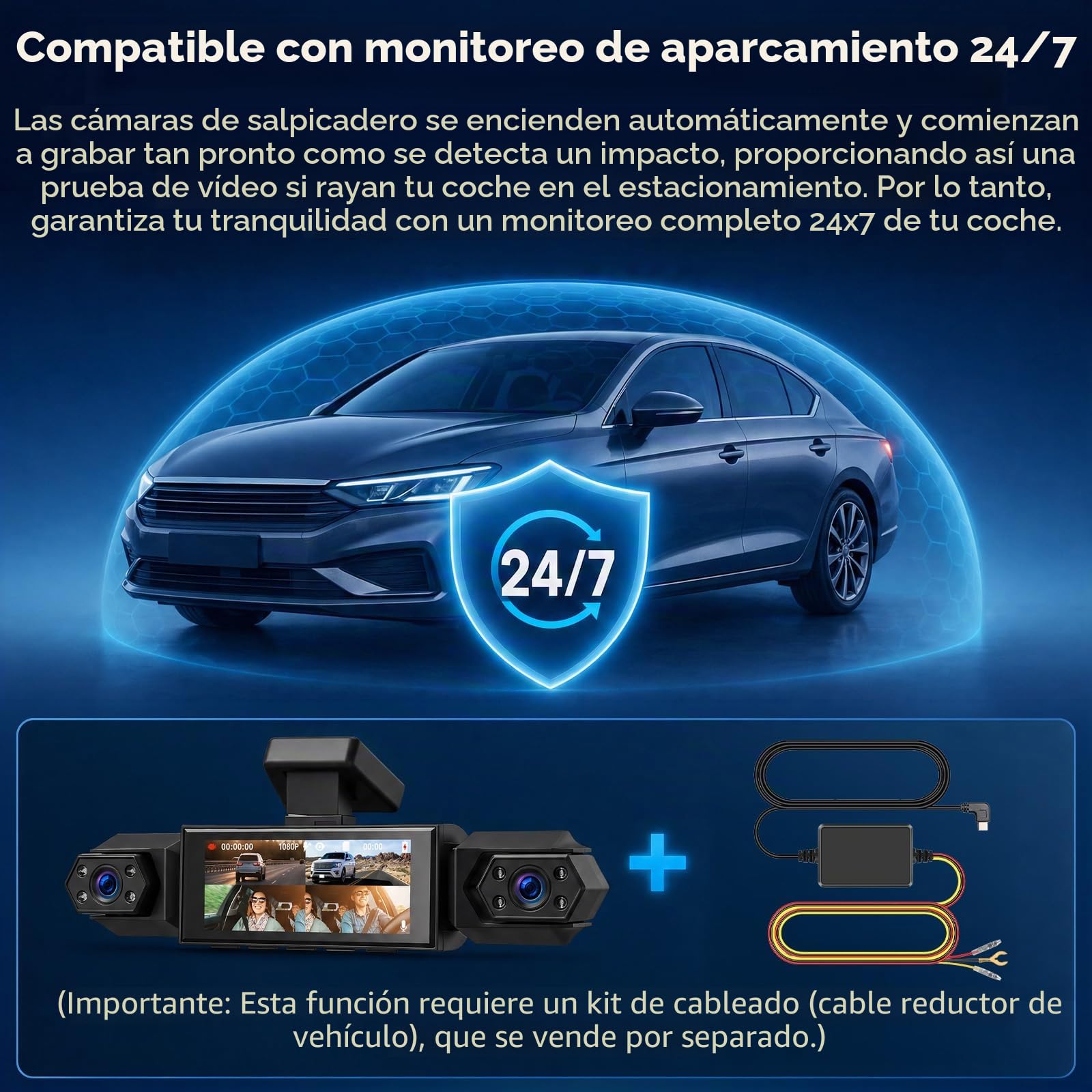 Cámara de Salpicadero 4 Canales 1080p Pantalla IPS 3,16 pulgadas 4 Cámaras para Visión Envolvente de 360° Grabación en Bucle Detección Movimiento Visión Nocturna Asistencia Marcha Atrás DVR para coche