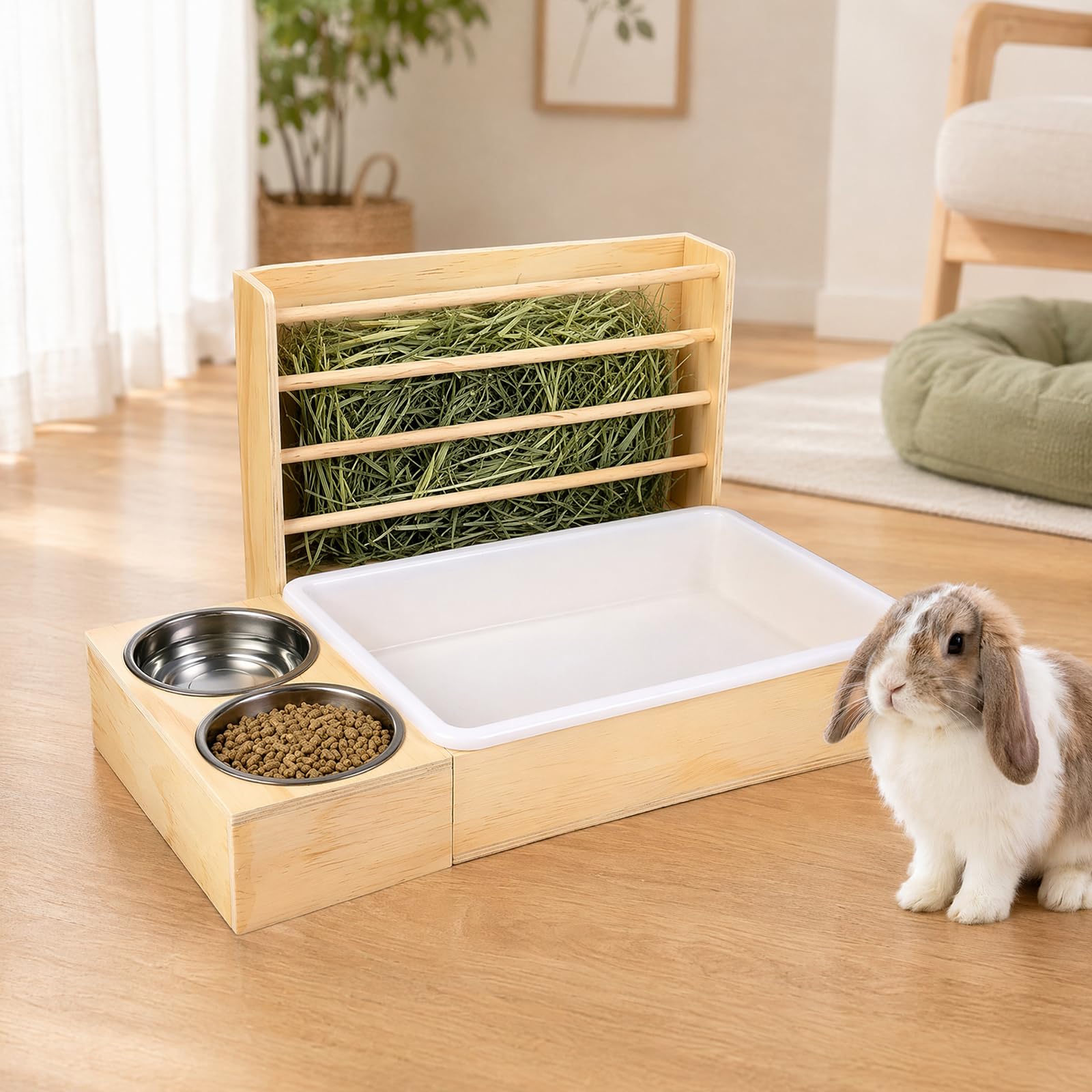 Mangeoire À Foin 3 en 1, Râtelier À Foin en Bois avec Bac À Litière Et Bols À Nourriture, 47 * 28 * 28cm Grand Râtelier À Foin, Distributeur De Foin pour Lapin pour Lapin, Hamster, Cochon d'Inde