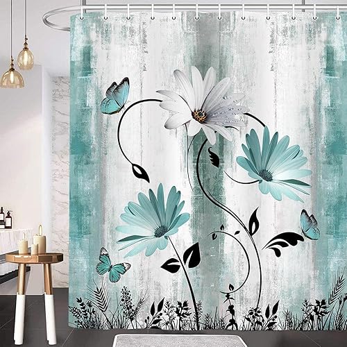 Bzhilja Rustic Farmhouse Shower Curtain for Bathroom, Farm Teal Daisy Floral Flo
