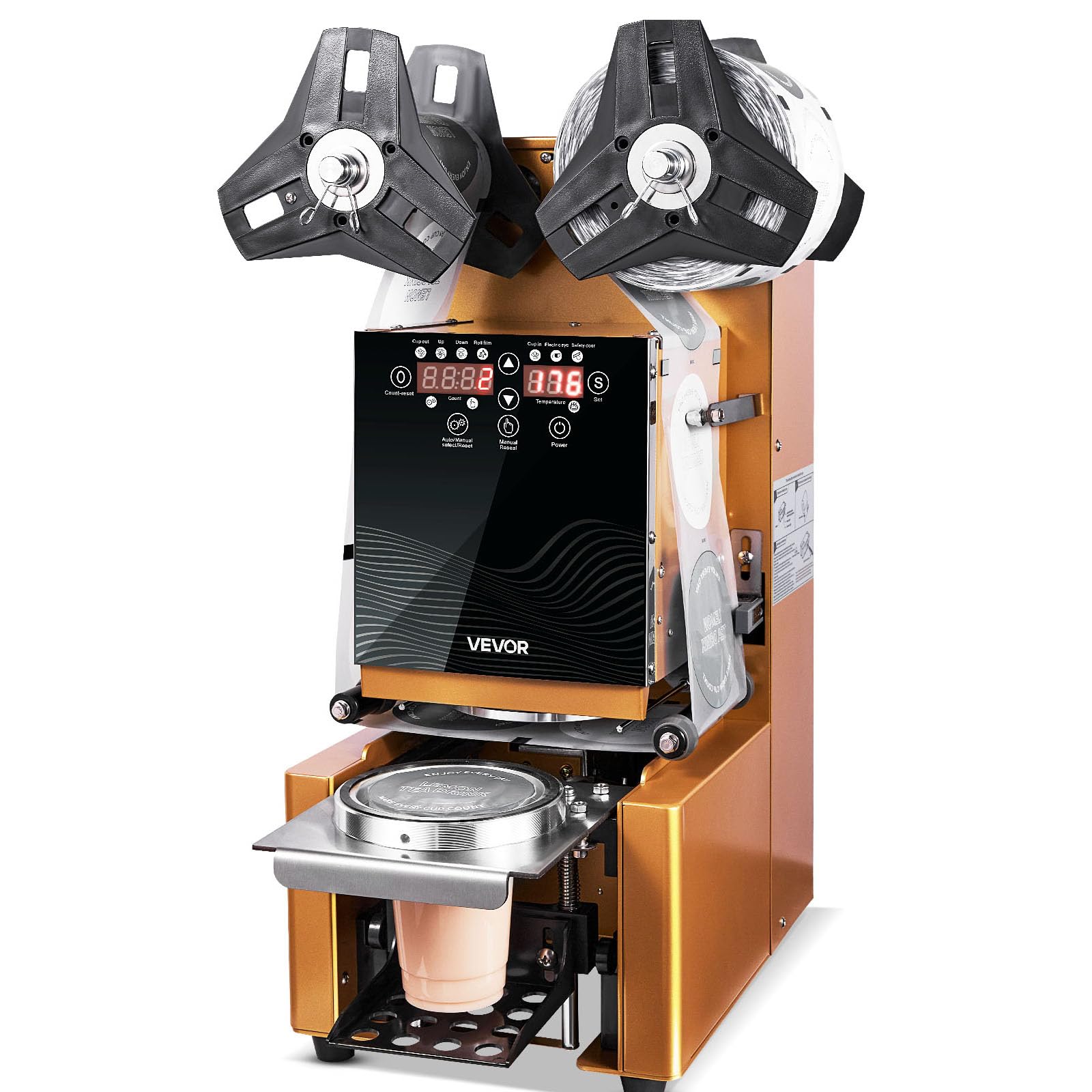 Photo 1 of VEVOR Fully Automatic Cup Sealing Machine, 500-650 Cups/H, Cup Sealer Machine for 190 mm Tall & 90/95 mm Cup, Electric Tea Sealer with Digital Control LCD Panel for Bubble Milk Tea Coffee, Gold