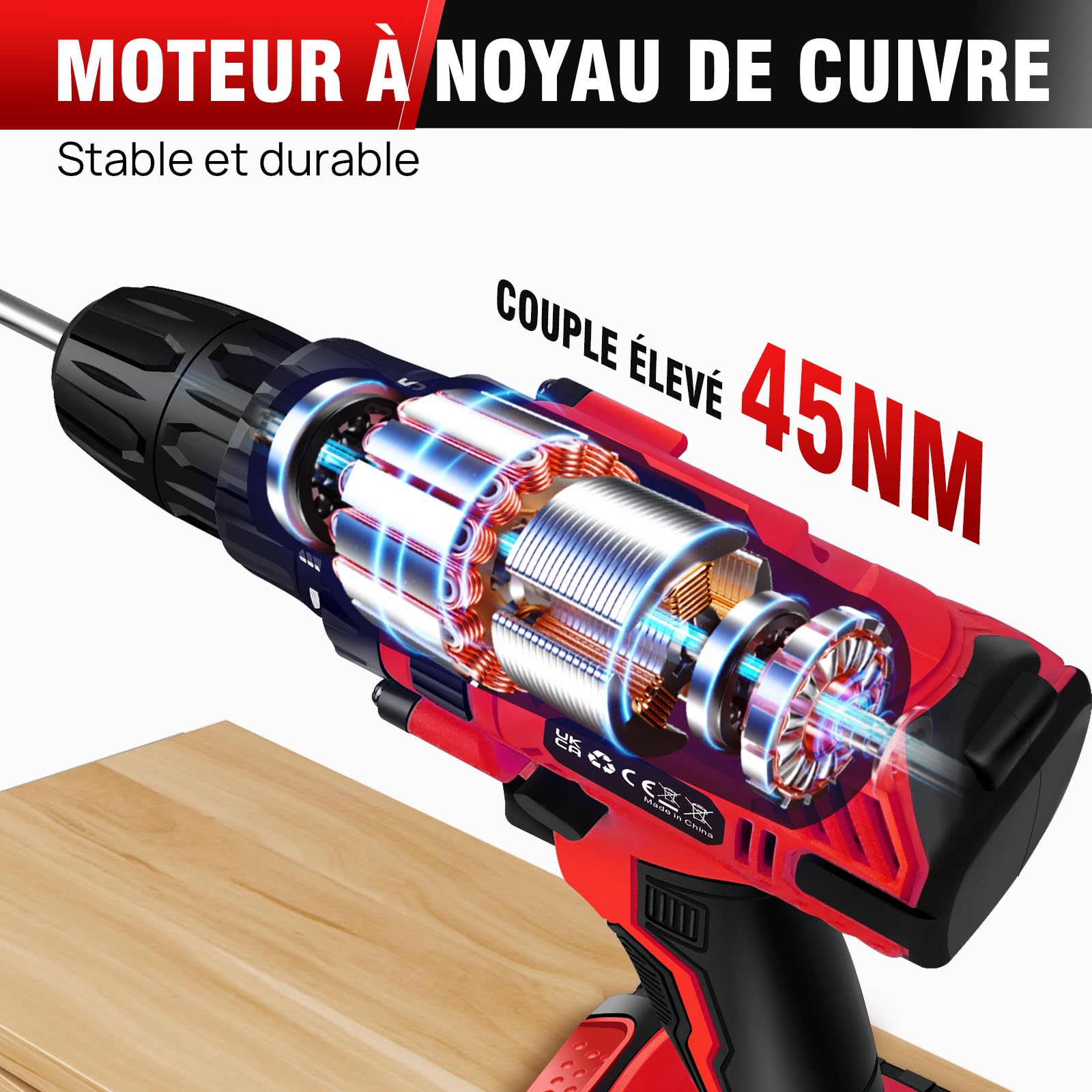 Perceuse Visseuse Sans Fil, 21V Visseuse Devisseuse avec 2 Batteries, 45Nm Perceuse Percussion, 25+1 Réglages de Couple, 10mm Métal Mandrin Verrouillage, 2 Vitesses, 29 Accessoires, LED Light