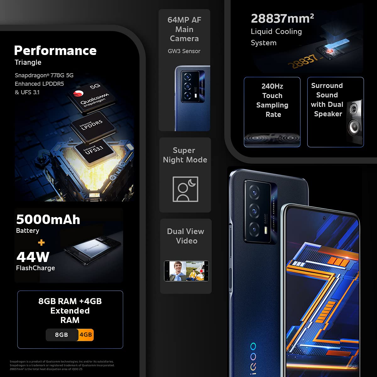 iQOO vivo Z5 5G (Mystic Space, 8GB RAM, 128GB Storage) | Snapdragon 778G 5G Processor | 5000mAh Battery | 44W FlashCharge Product Image 2