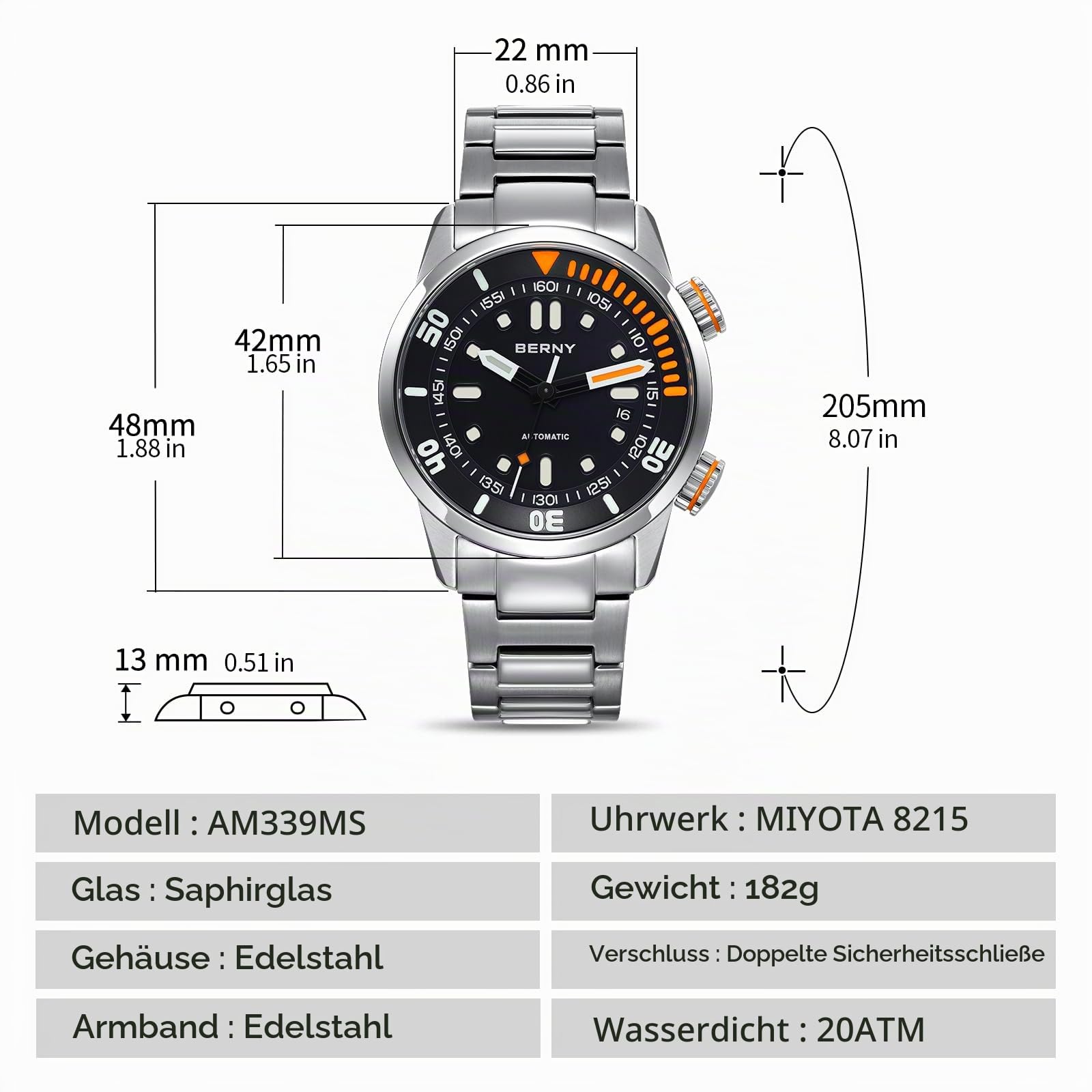 BERNY Automatikuhr für Männer 200M Taucheruhr Armbanduhr Saphirglas Langlebiges Edelstahlband Super Leuchtend Herrenuhren