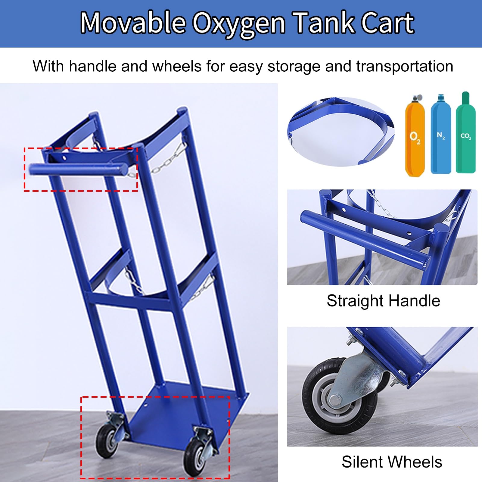 Soportes para Bombonas de Oxígeno Soporte de Acero Móvil con Ruedas para Bombonas de Oxígeno, Carrito para El Transporte de Bombonas de Oxígeno/ Nitrógeno/Argón/ Helio, Carretilla con Ruedas(Capacity