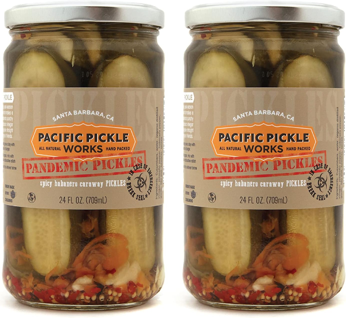 Pandemic Pickles - Spicy Caraway Pickle Halves with Habanero, Jalapeño, Garlic - Gourmet Hot Pickles for Sandwiches, Snacking - non-GMO, Kosher, Sugar-Free, Gluten-Free 24oz Jar (2-pack)