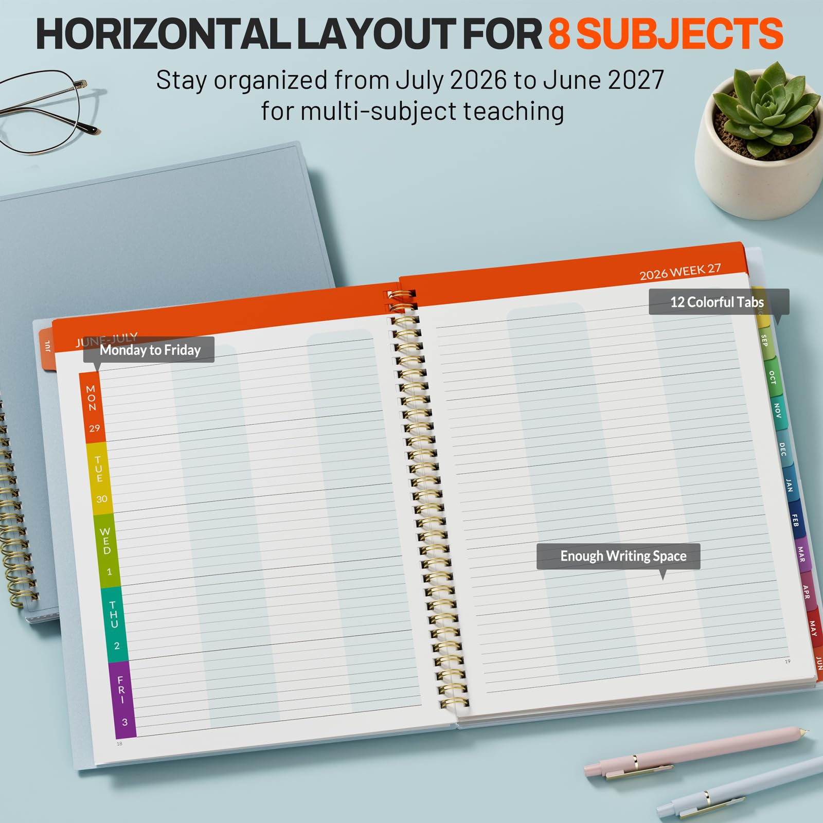 SUNEE Agenda per insegnanti 2026-2027, anno accademico, 8 periodi, pianificazione delle lezioni da luglio 2026 a giugno 2027, 21,6 x 27,9 cm, agenda settimanale mensile, layout orizzontale con
