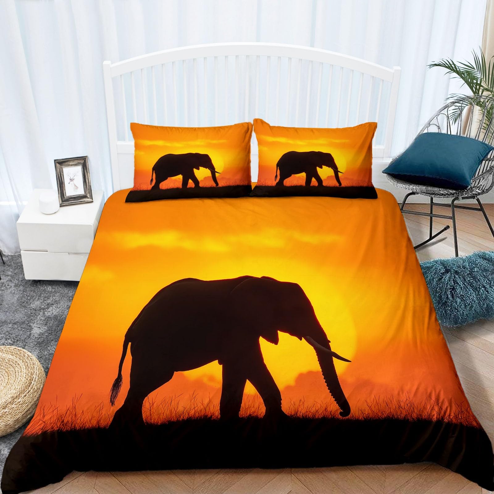 Atardecer Funda Nordica Cama 90 de 3 Piezas Elefante Animal Sabana Juego de Funda Nordica 150x200 cm Suave Transpirable y 2 x Fundas de Almohada de 50x75 para Ropa de Cama Infantil Niño Chico Niña