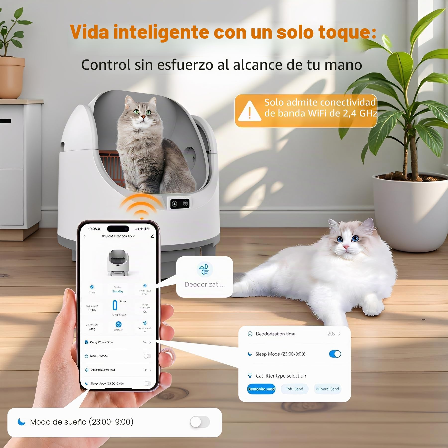 Bandeja Sanitaria automática con diseño de Gran Capacidad, sin olores, autolimpiable, controlada por aplicación, Ideal para hogares con Varios Gatos (msp01)