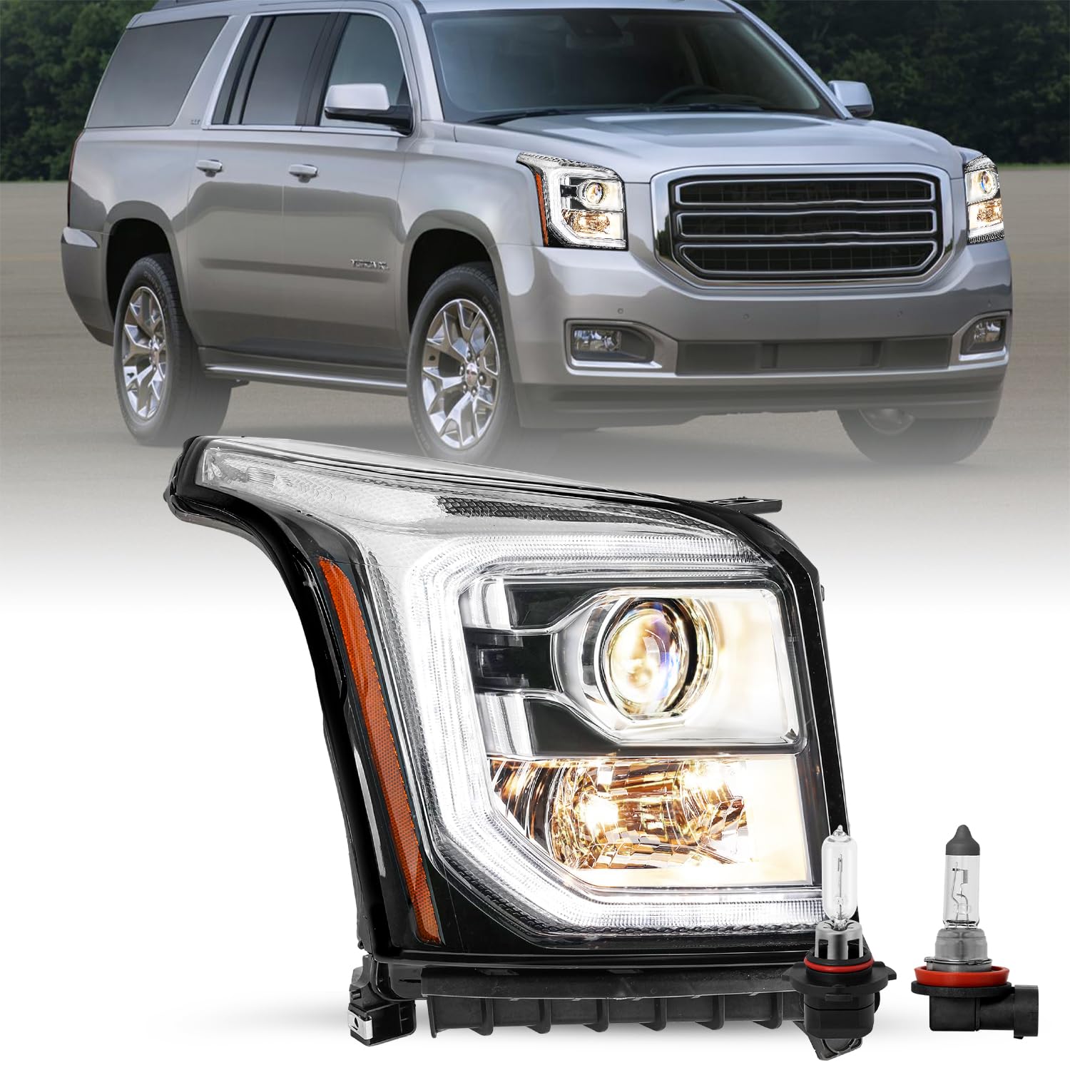 JSBOYAT Projector Halogen Headlight Assembly Replacement for 2015-2020 GMC YUKON SLT|SLE/YUKON XL SLT|SLE w/LED DRL Right Passenger Side Bulbs