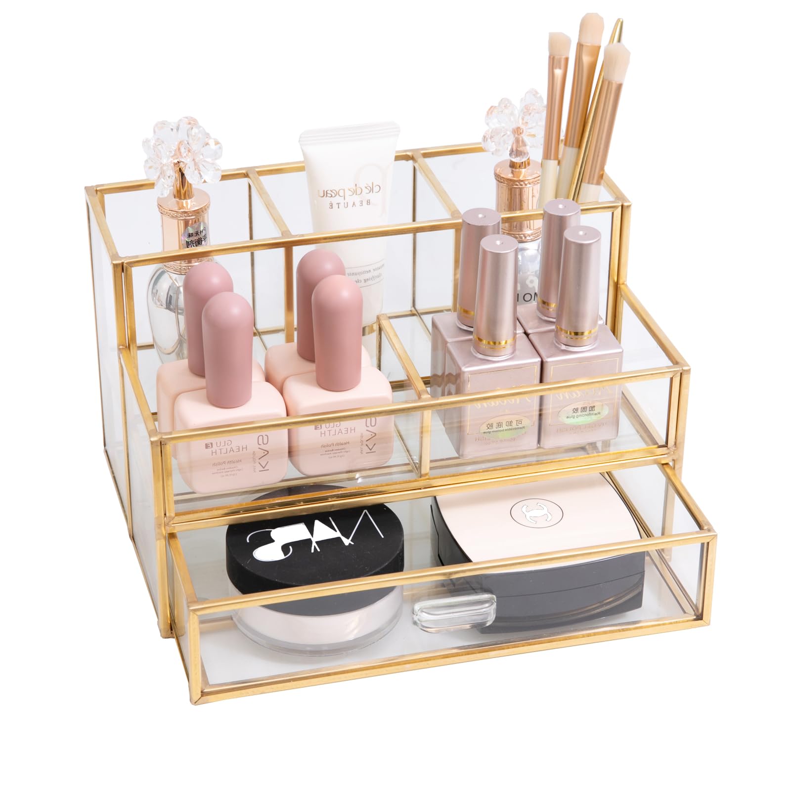 HARLIANGXY Organizador de Cosméticos con Cajones, Organizador de Maquillaje Dorado, Soporte para pinceles de maquillaje Vidrio, Organizador de Belleza, Caja de Cosméticos, Bandejas para Cosméticos