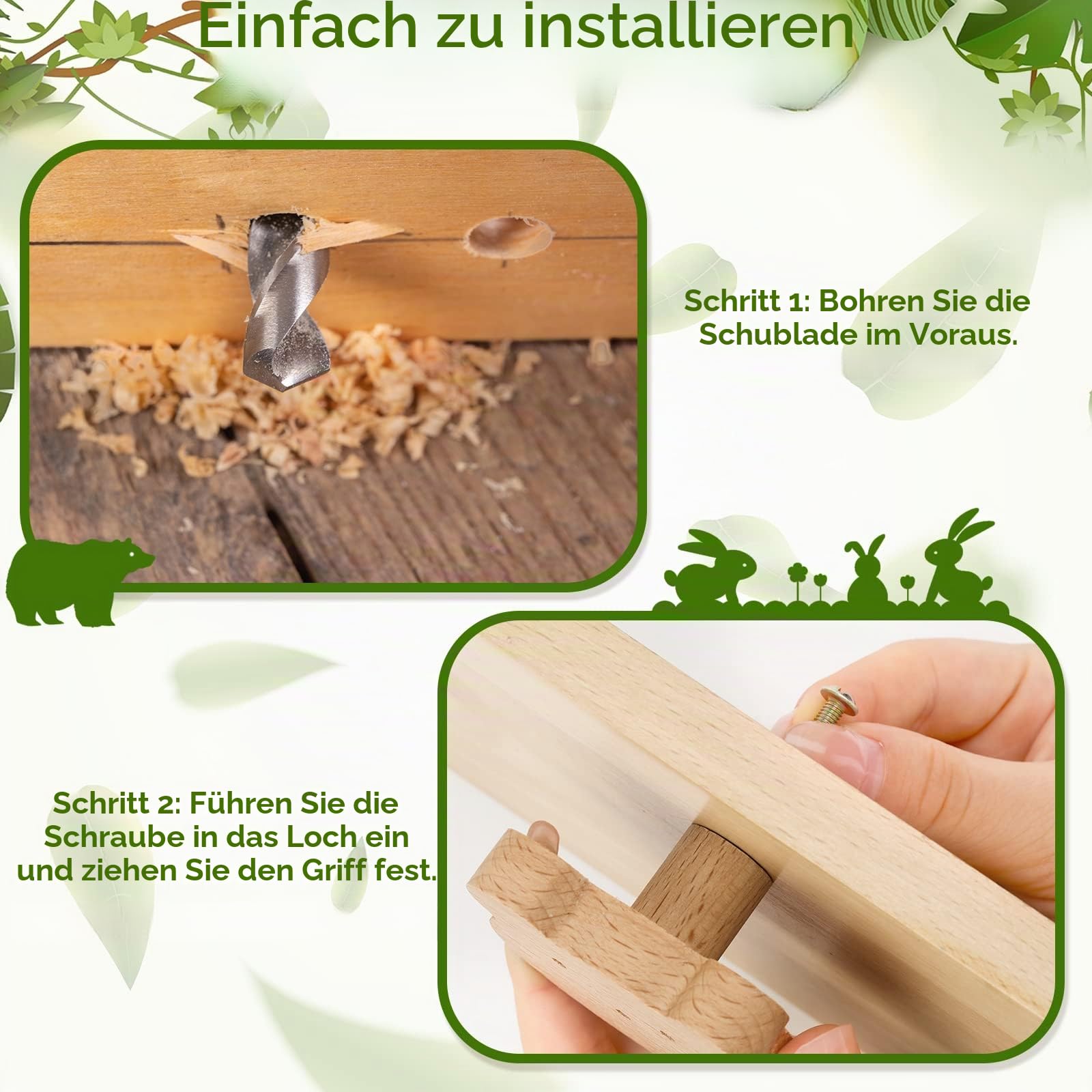 Qunclay Schrankknäufe aus Holz, dekorative Holzknöpfe mit Schrauben, Kommode, Ziehen, Holz, Meerestiere, Waldtiere, Möbelknöpfe, Kinderzimmer, Schubladengriffe für Dekoration (Waldtiere, 6 Sets)