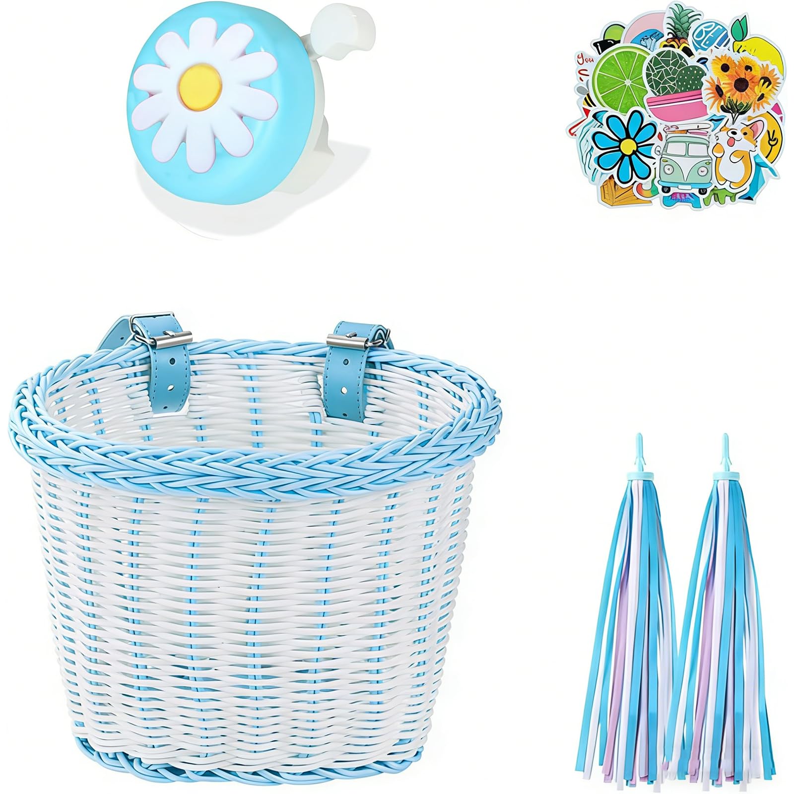 SVNR Kids Bike Basket, Wicker Girl Bike Basket Blue White, Bike Handle Bowknot Streamers and Bell, Children Cycling Basket with Spare Leather Straps, Easy Install Detachable